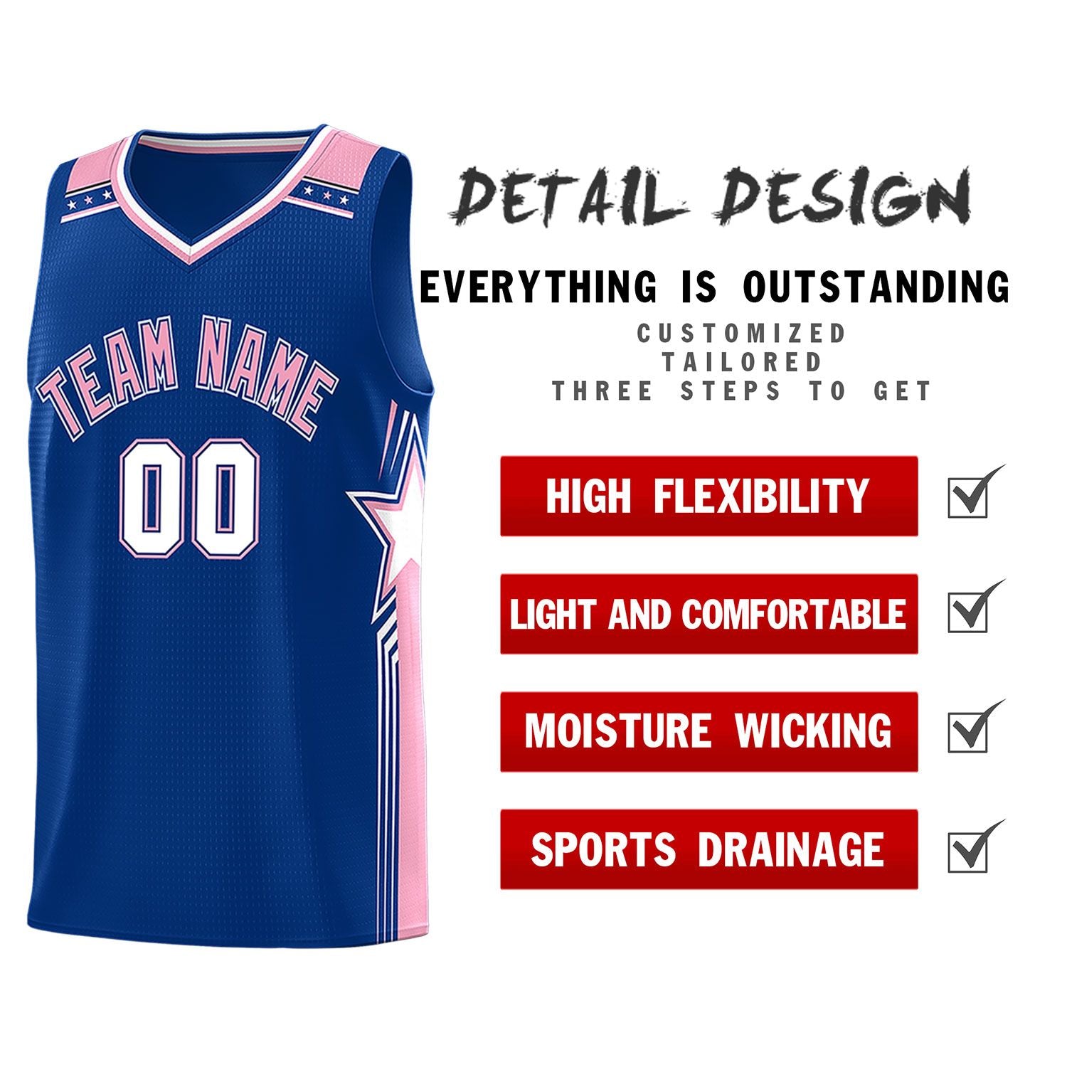 Custom Royal Light Pink Star Graffiti Pattern Sports Uniform Basketball Jersey