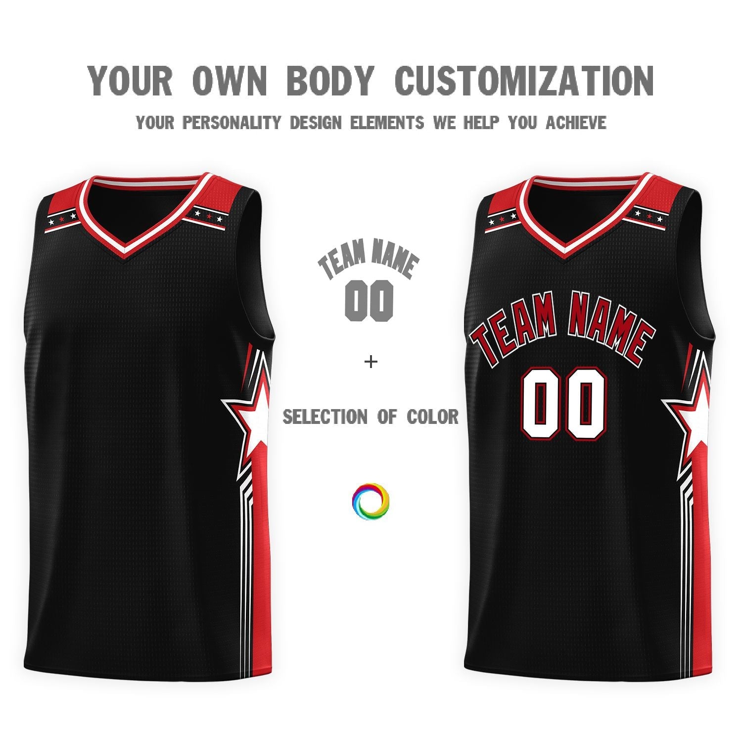 Custom Black Red Star Graffiti Pattern Sports Uniform Basketball Jersey
