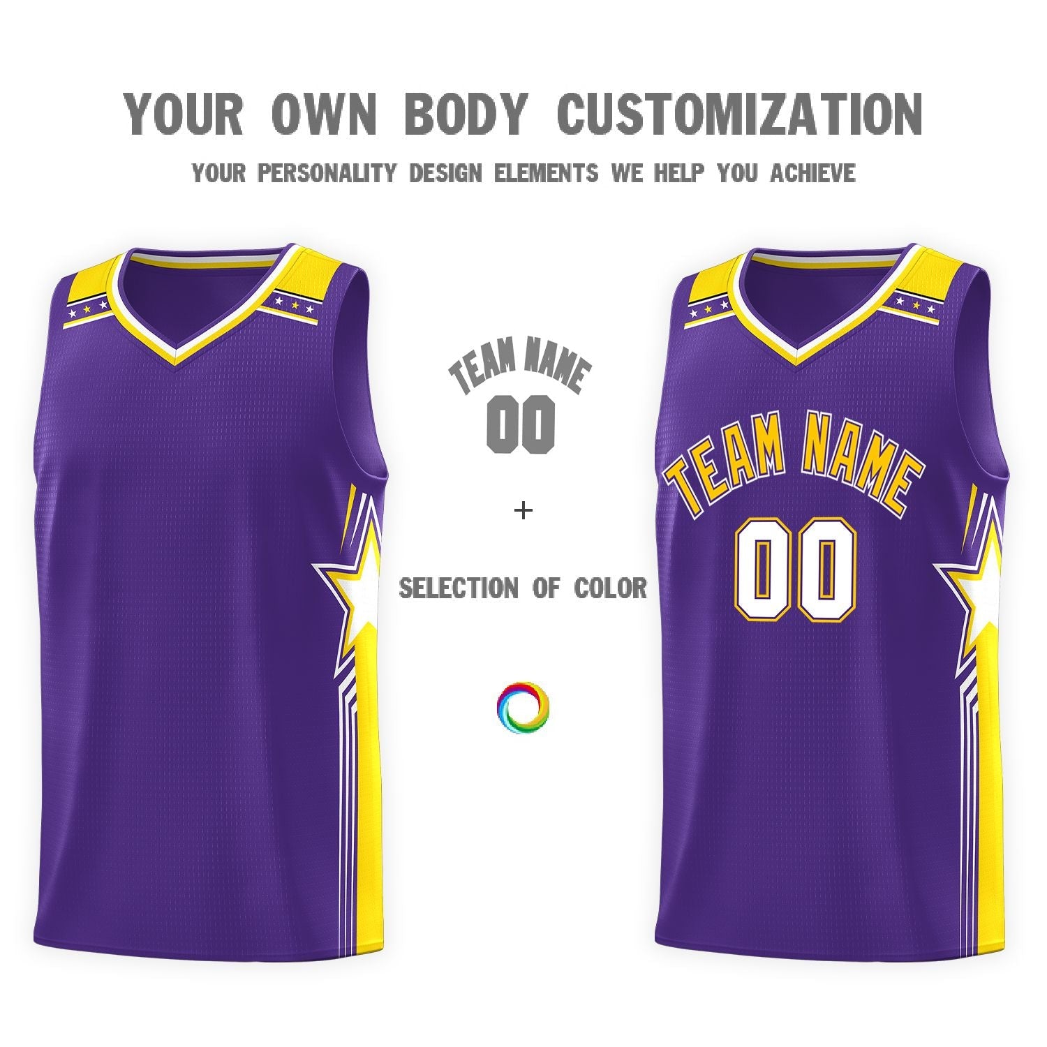 Custom Purple Gold Star Graffiti Pattern Sports Uniform Basketball Jersey