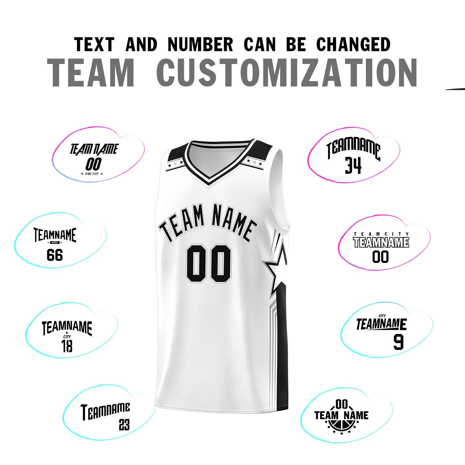 Custom White Black Star Graffiti Pattern Sports Uniform Basketball Jersey