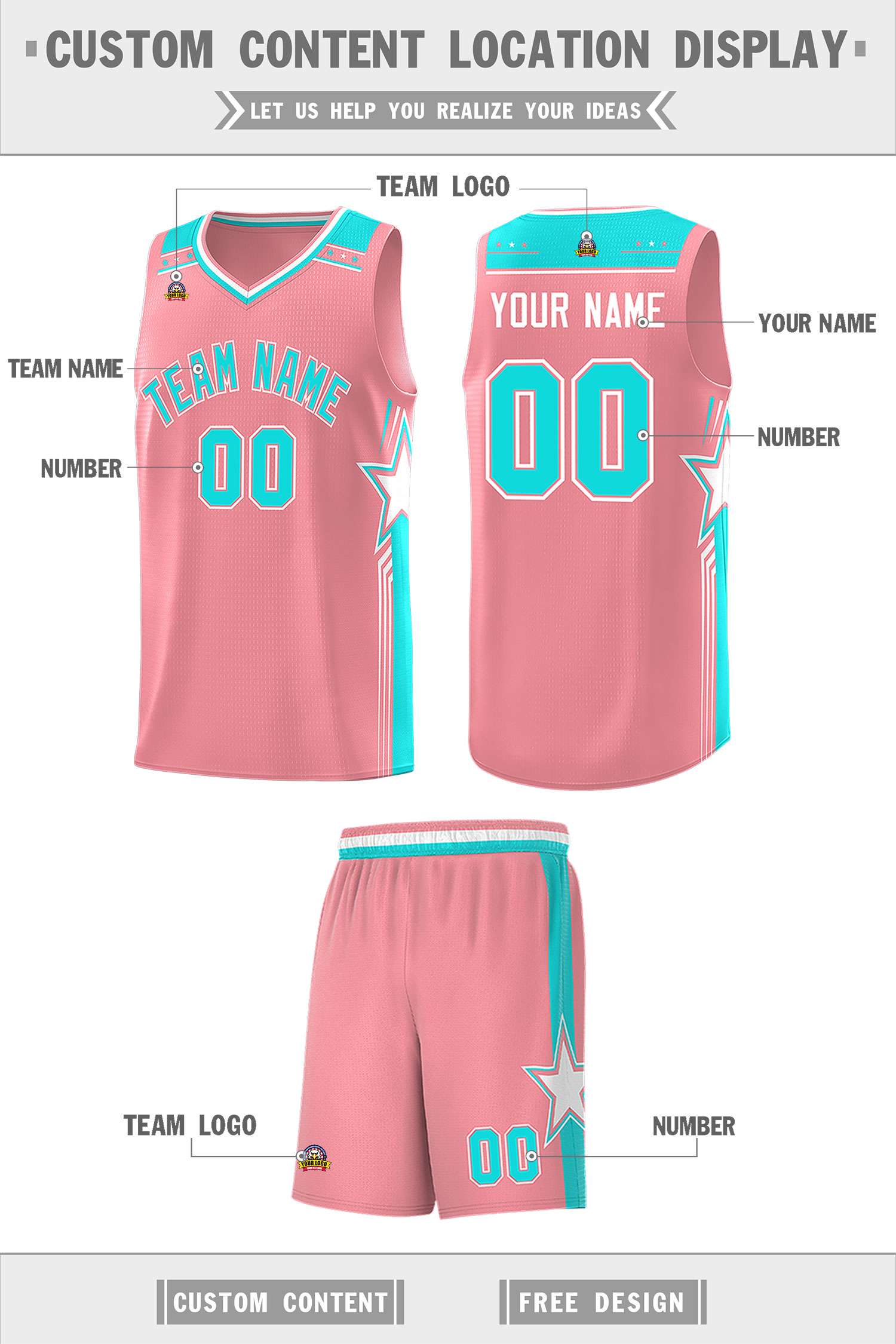 Custom Light Pink Aqua Star Graffiti Pattern Sports Uniform Basketball Jersey