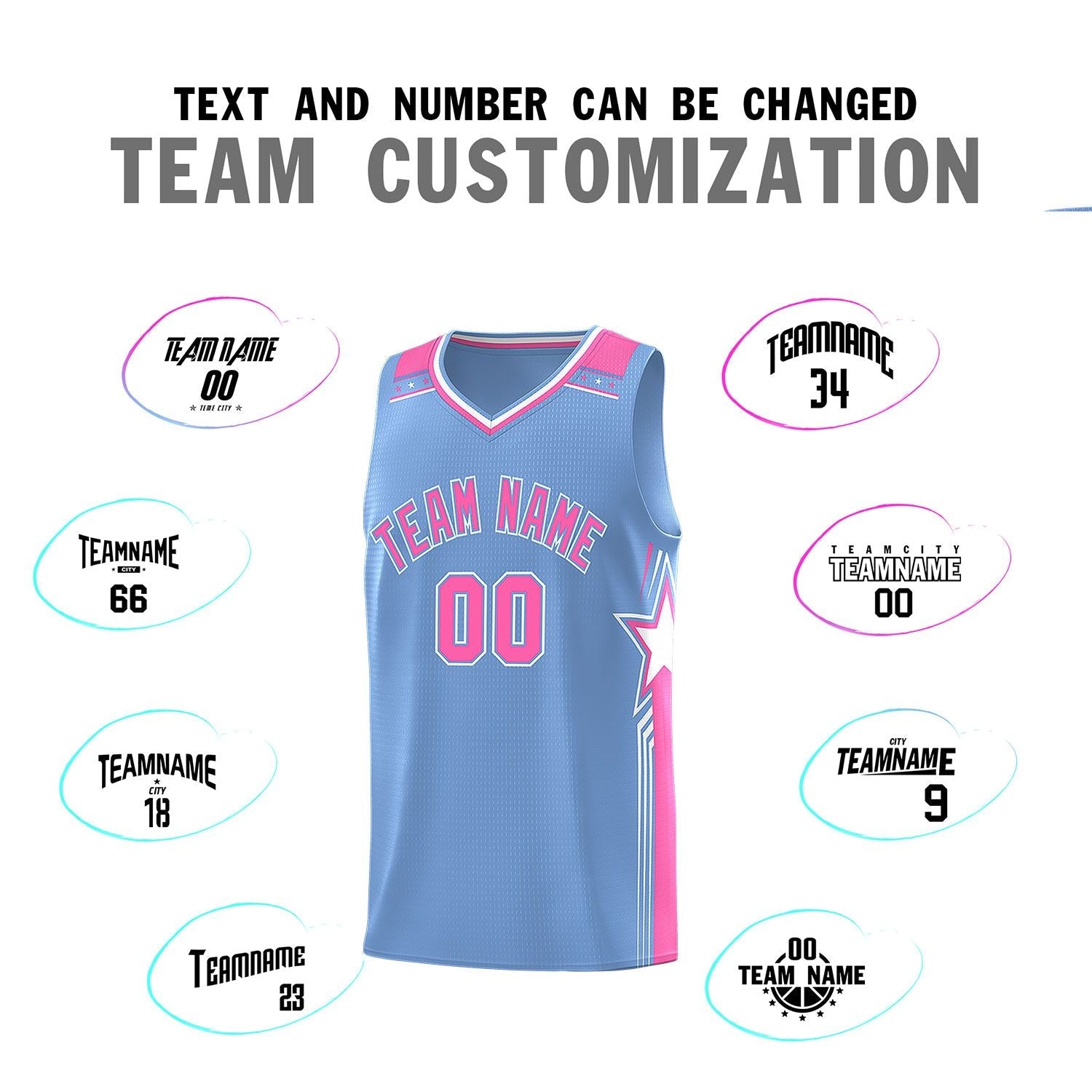 Custom Light Blue Pink Star Graffiti Pattern Sports Uniform Basketball Jersey