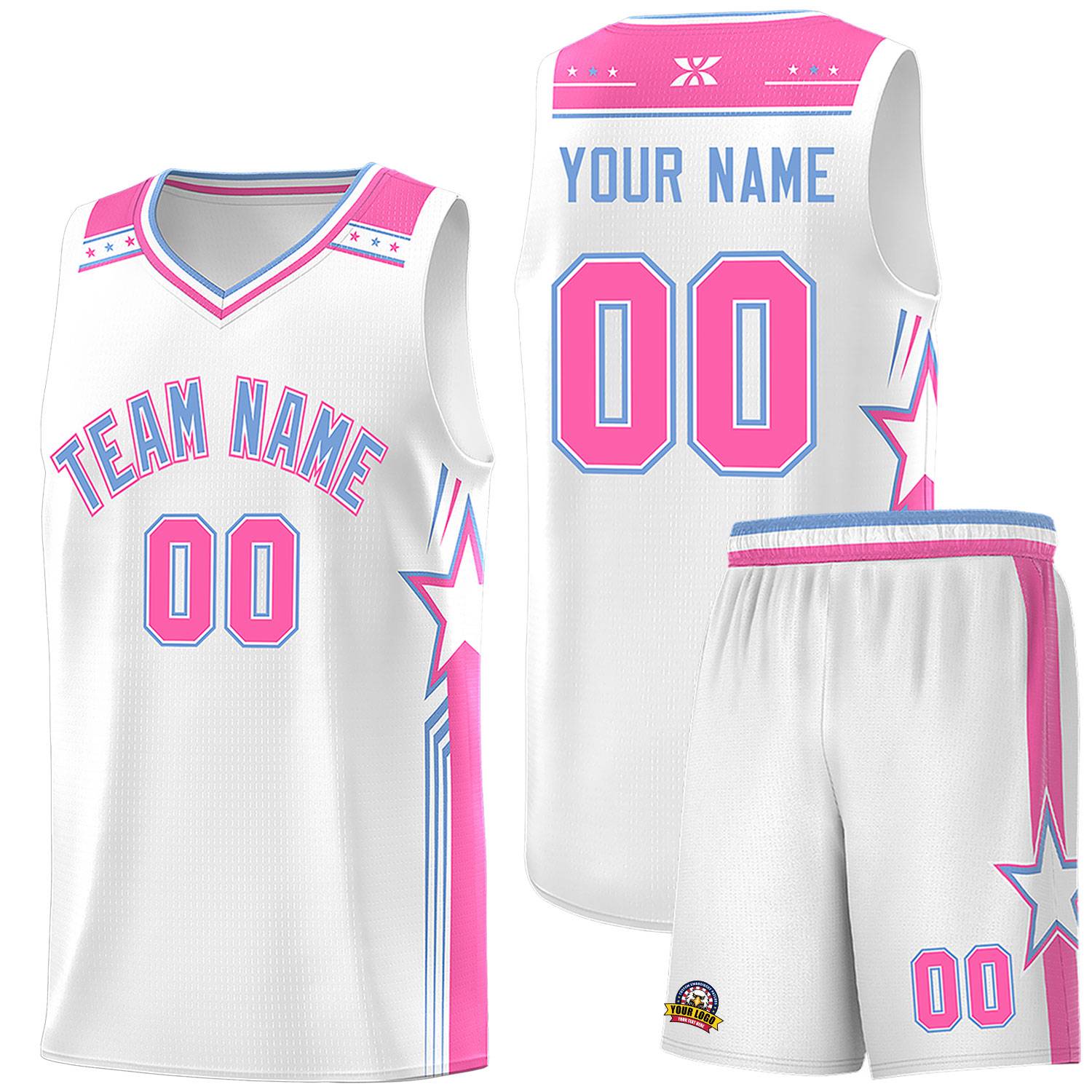 Custom White Light Blue Star Graffiti Pattern Sports Uniform Basketball Jersey