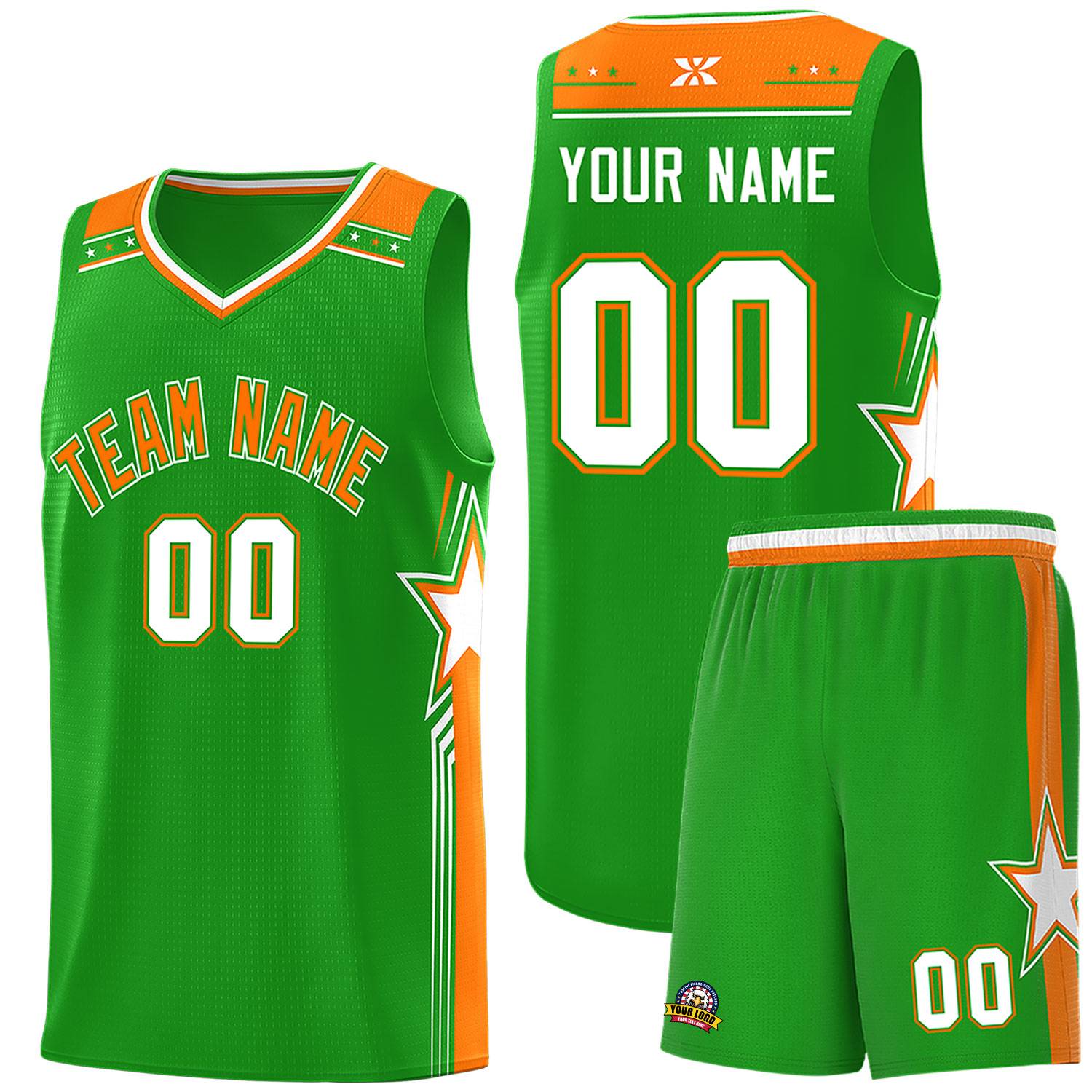 Custom Green Orange Star Graffiti Pattern Sports Uniform Basketball Jersey