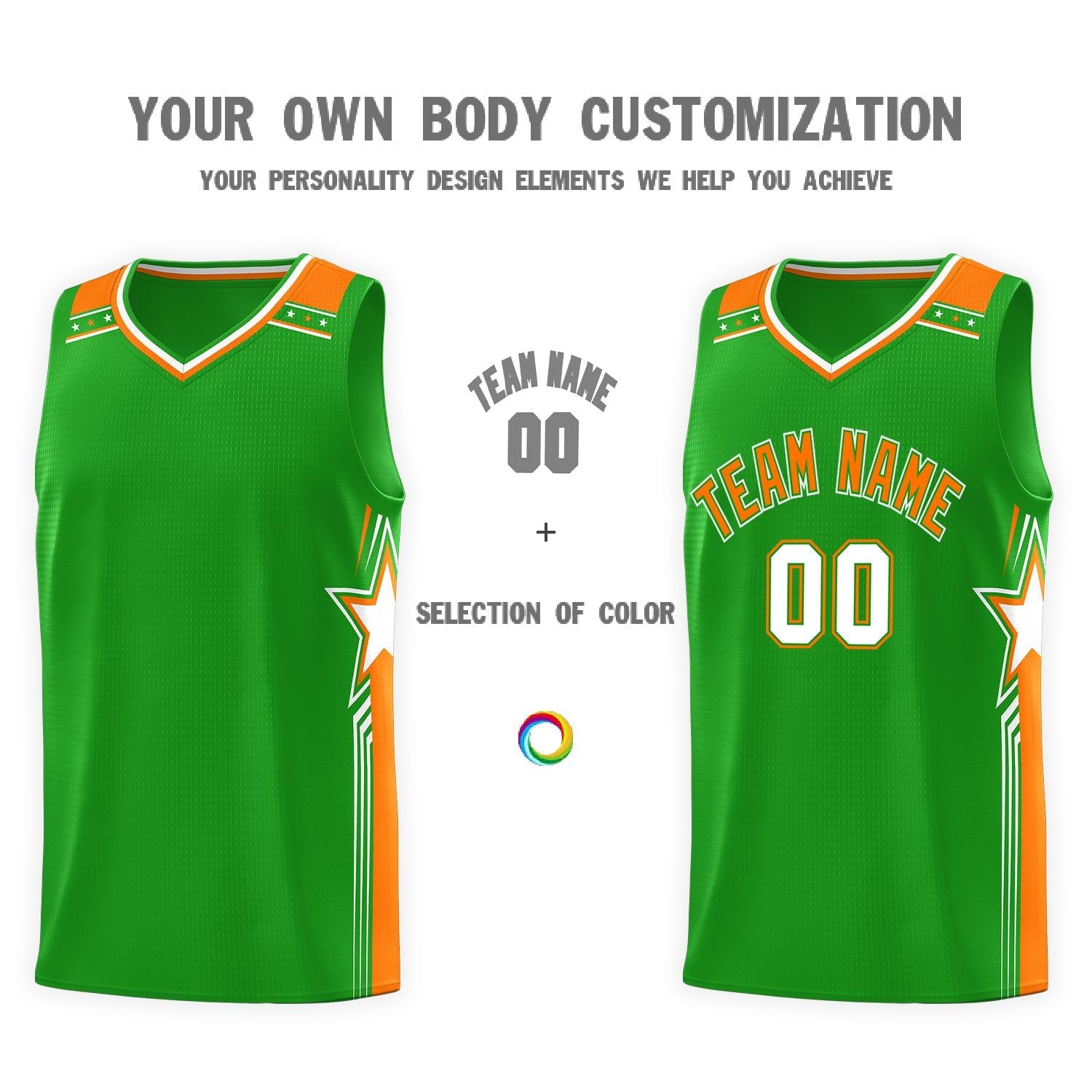 Custom Green Orange Star Graffiti Pattern Sports Uniform Basketball Jersey