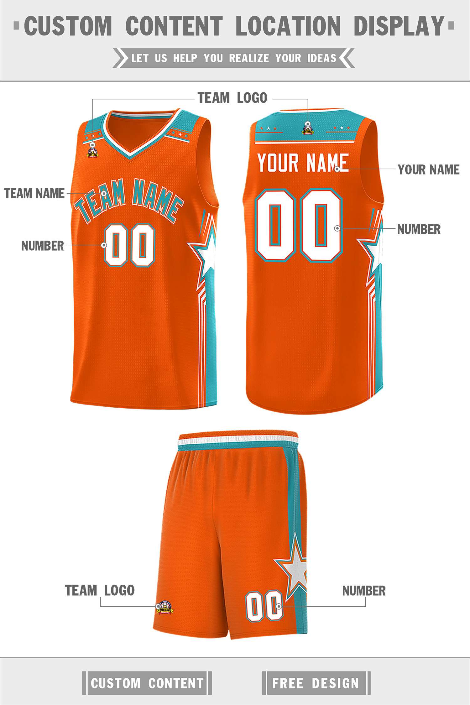 Custom Orange Aqua Star Graffiti Pattern Sports Uniform Basketball Jersey