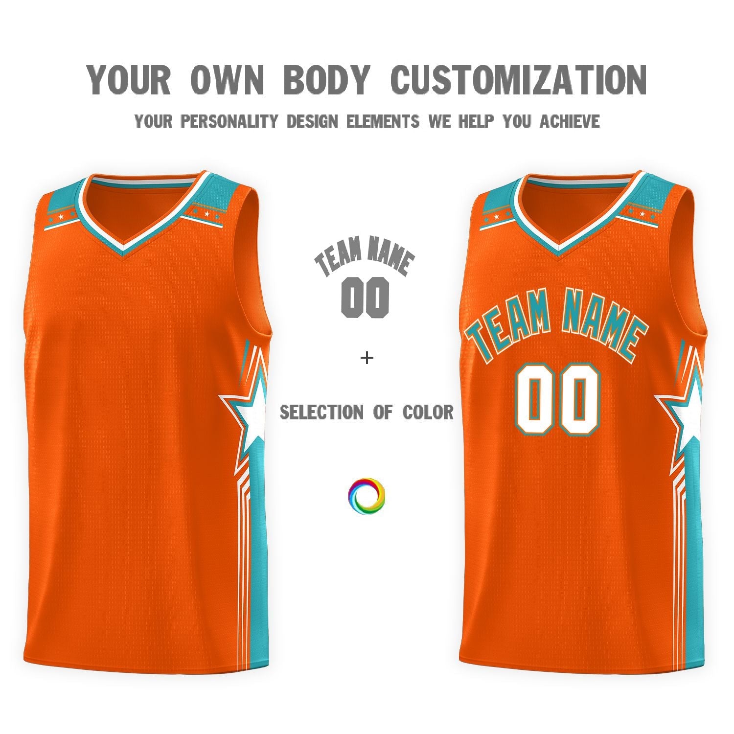 Custom Orange Aqua Star Graffiti Pattern Sports Uniform Basketball Jersey