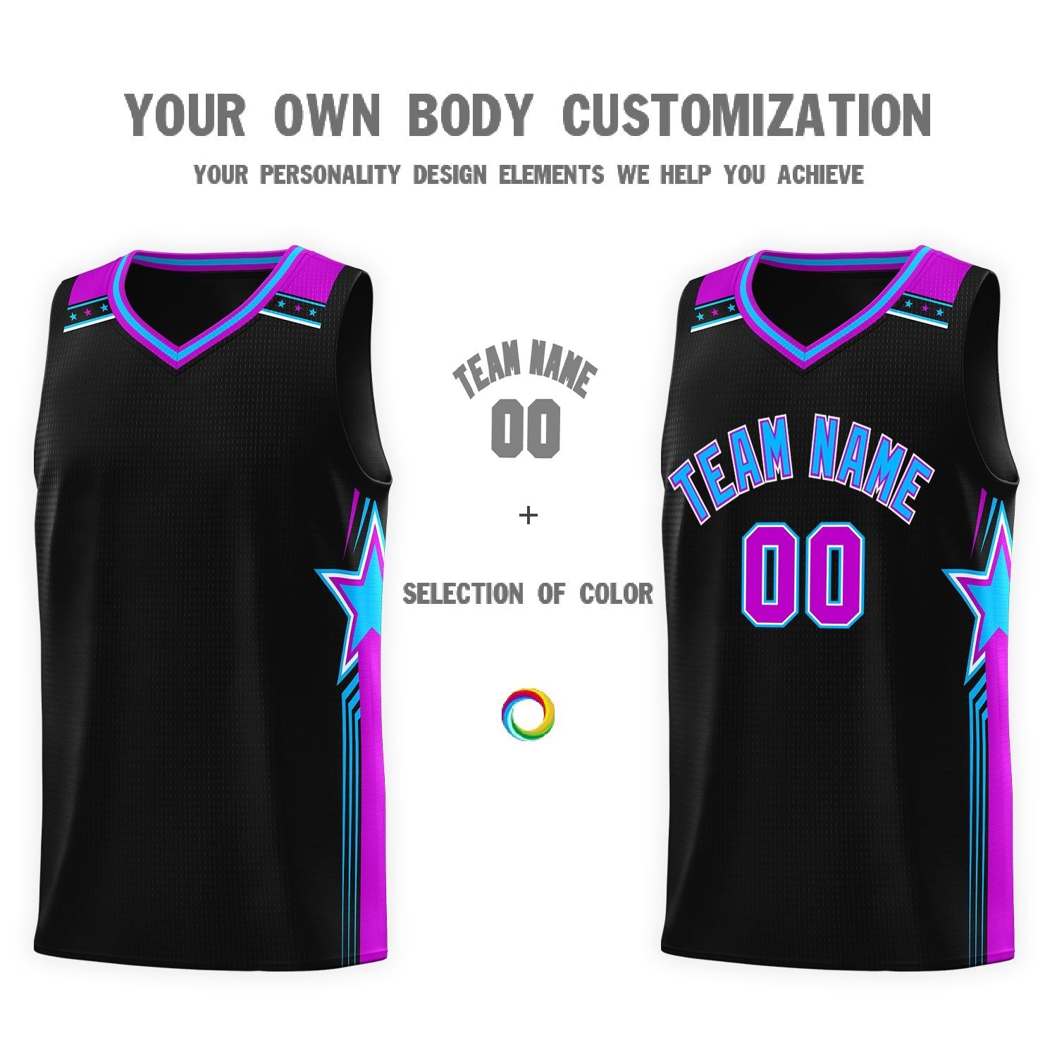 Custom Black Powder Blue Star Graffiti Pattern Sports Uniform Basketball Jersey