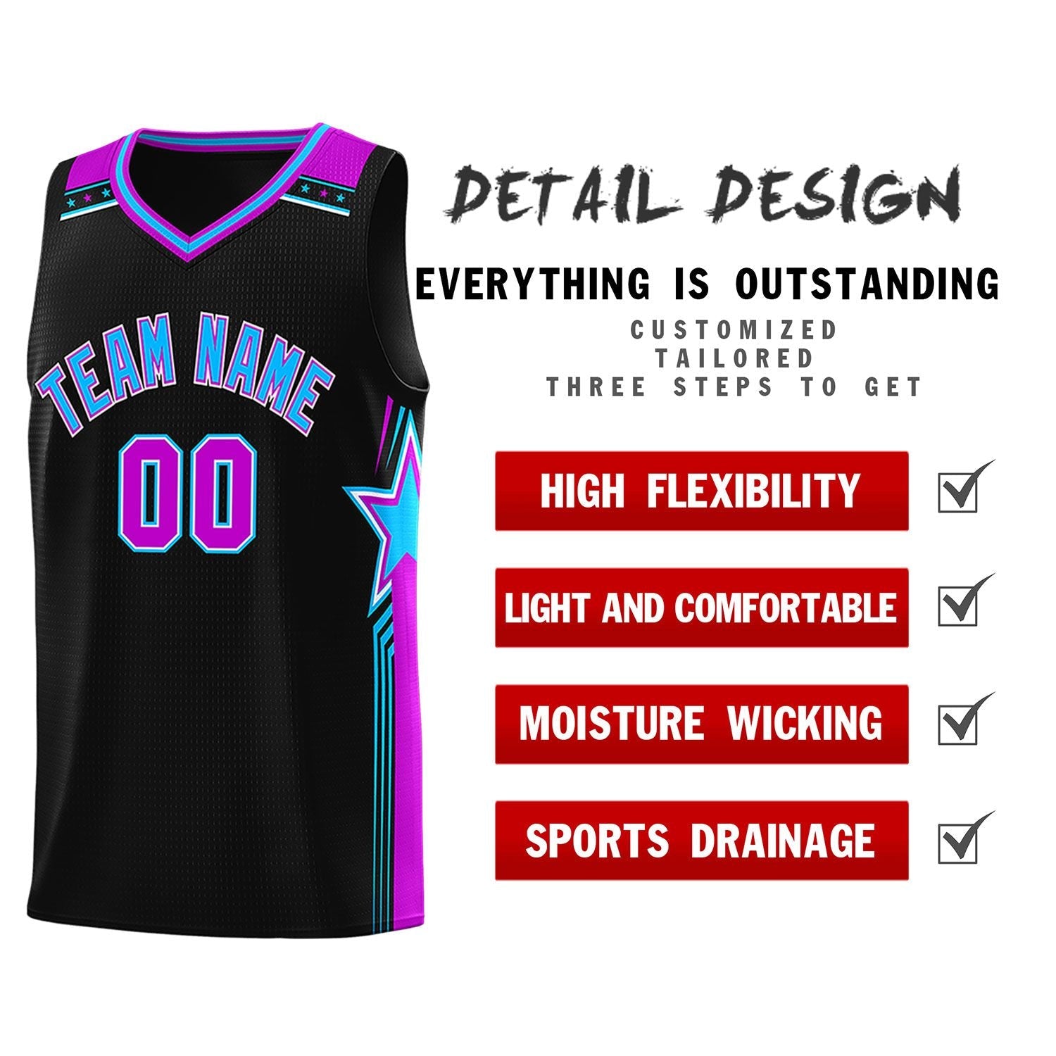 Custom Black Powder Blue Star Graffiti Pattern Sports Uniform Basketball Jersey