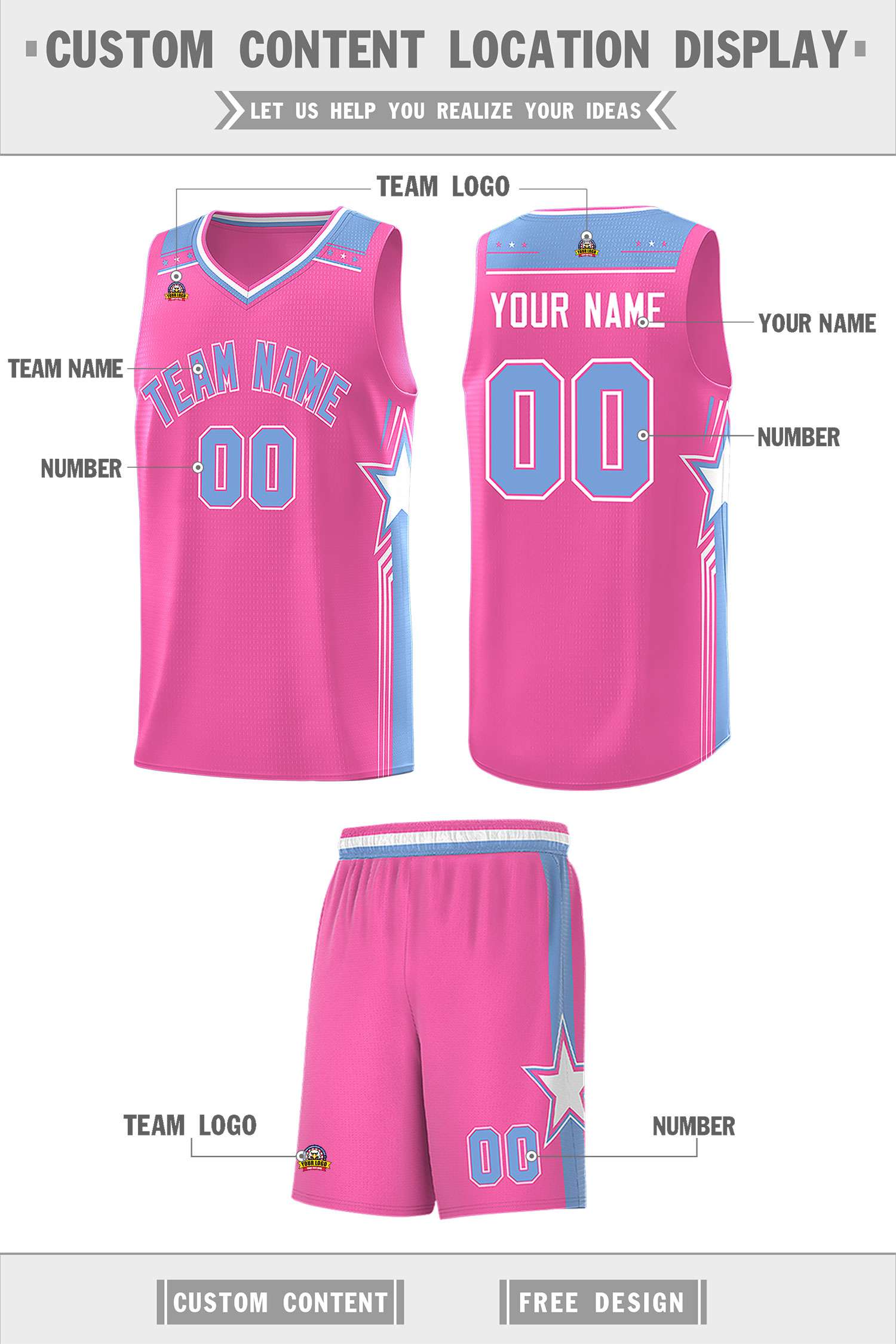 Custom Pink Light Blue Star Graffiti Pattern Sports Uniform Basketball Jersey