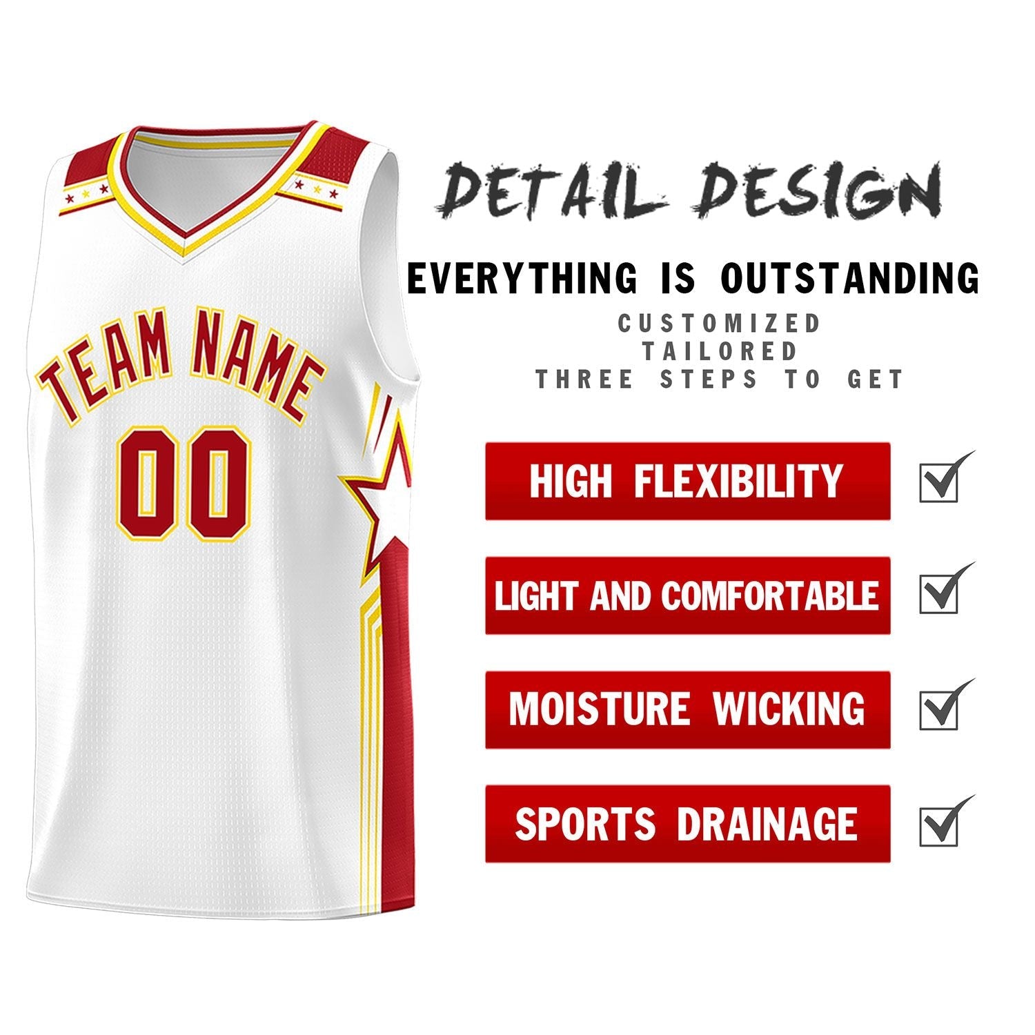 Custom White Red Star Graffiti Pattern Sports Uniform Basketball Jersey