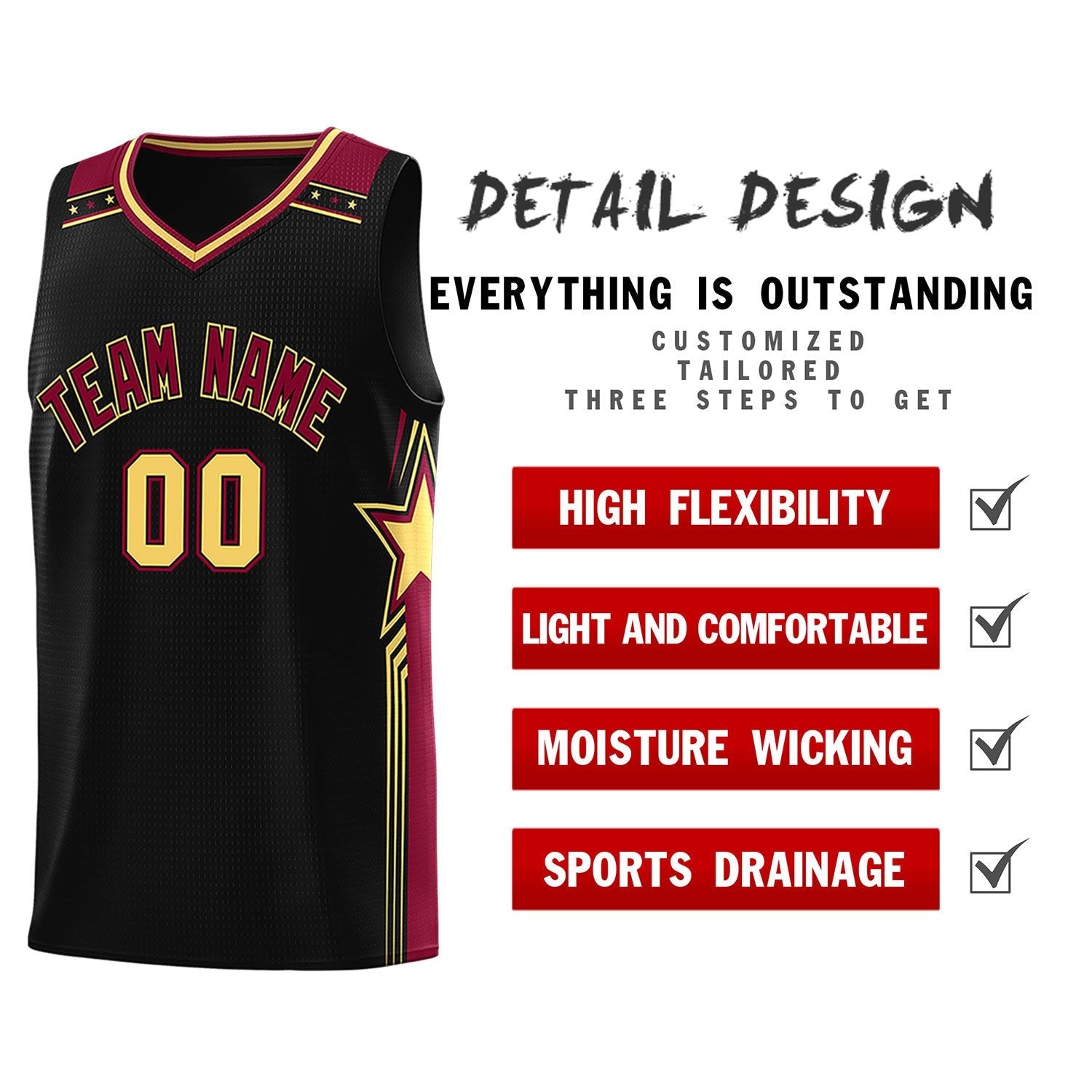 Custom Black Crimson Star Graffiti Pattern Sports Uniform Basketball Jersey