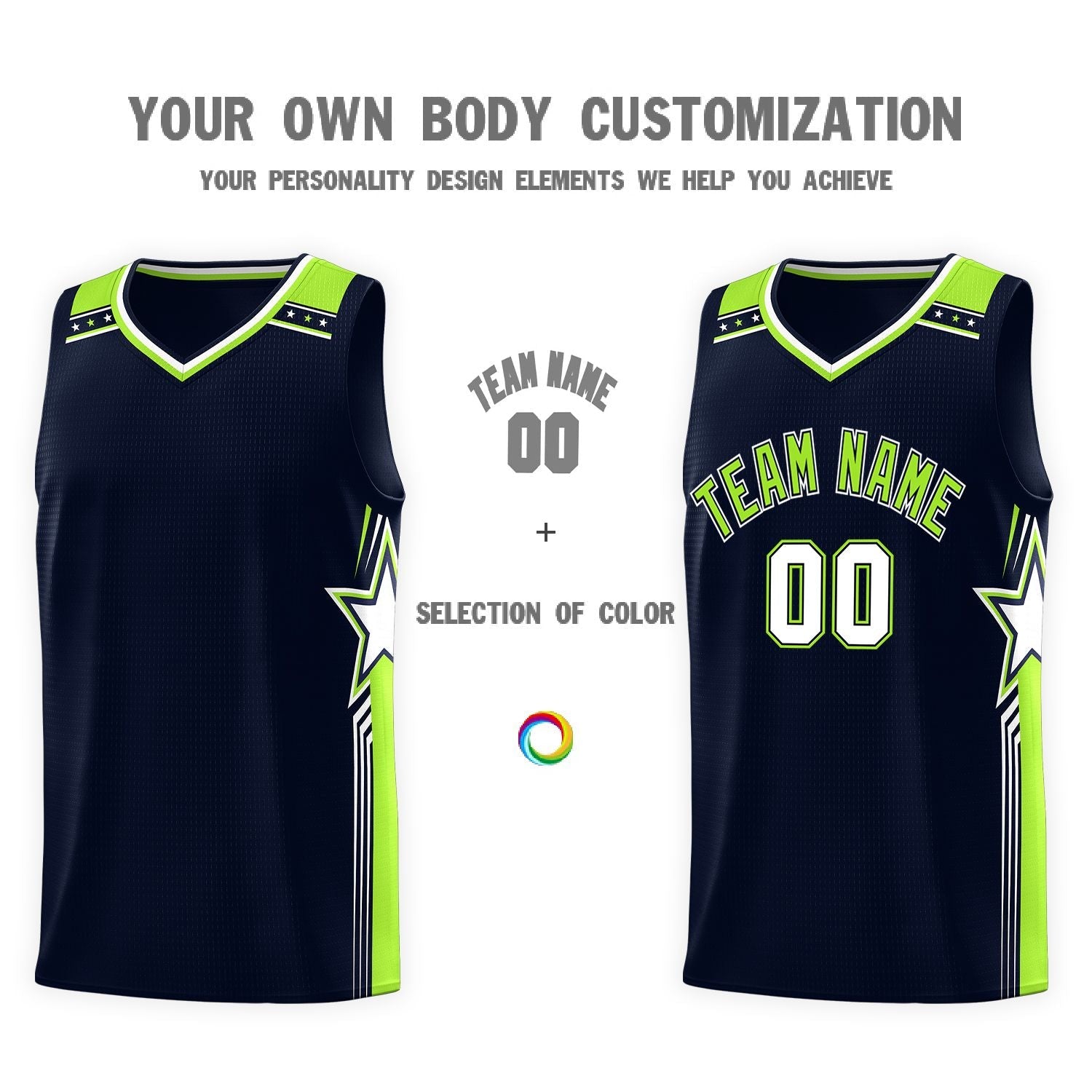 Custom Navy Neon Green Star Graffiti Pattern Sports Uniform Basketball Jersey