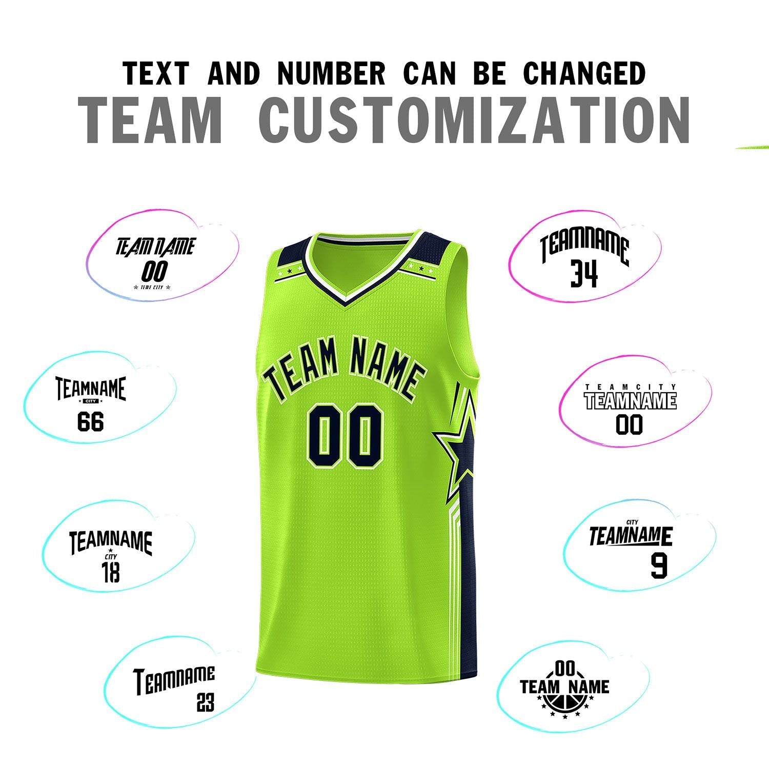 Custom Neon Green Navy Star Graffiti Pattern Sports Uniform Basketball Jersey