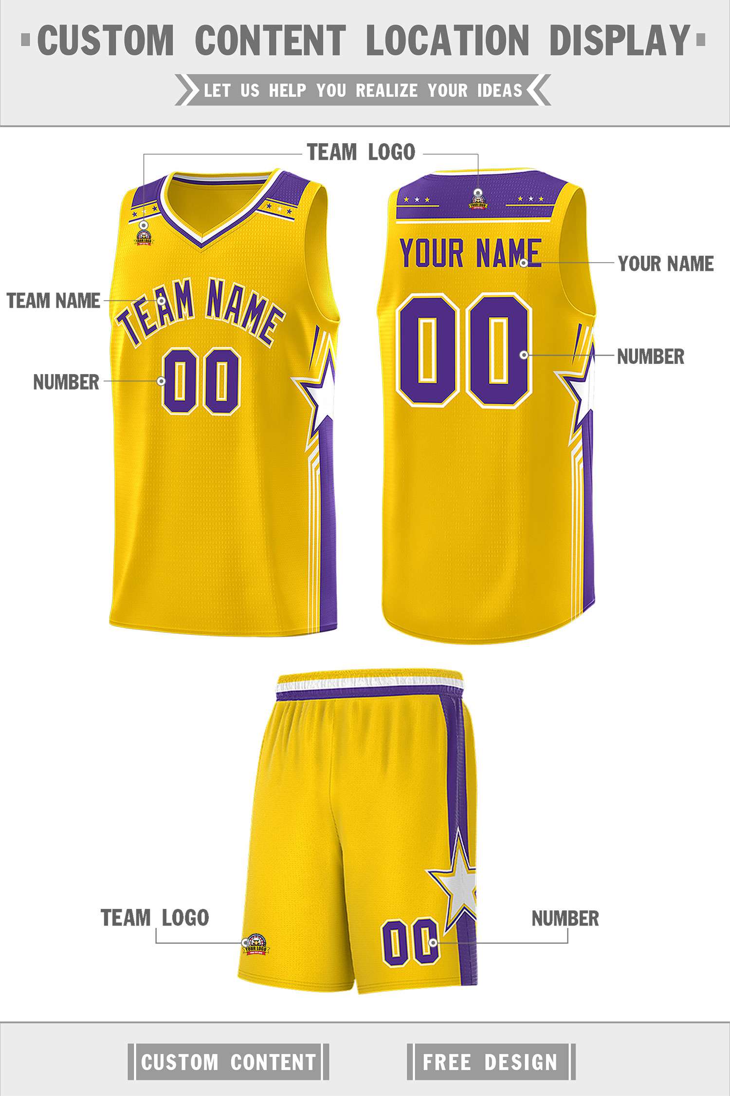 Custom Gold Purple Star Graffiti Pattern Sports Uniform Basketball Jersey