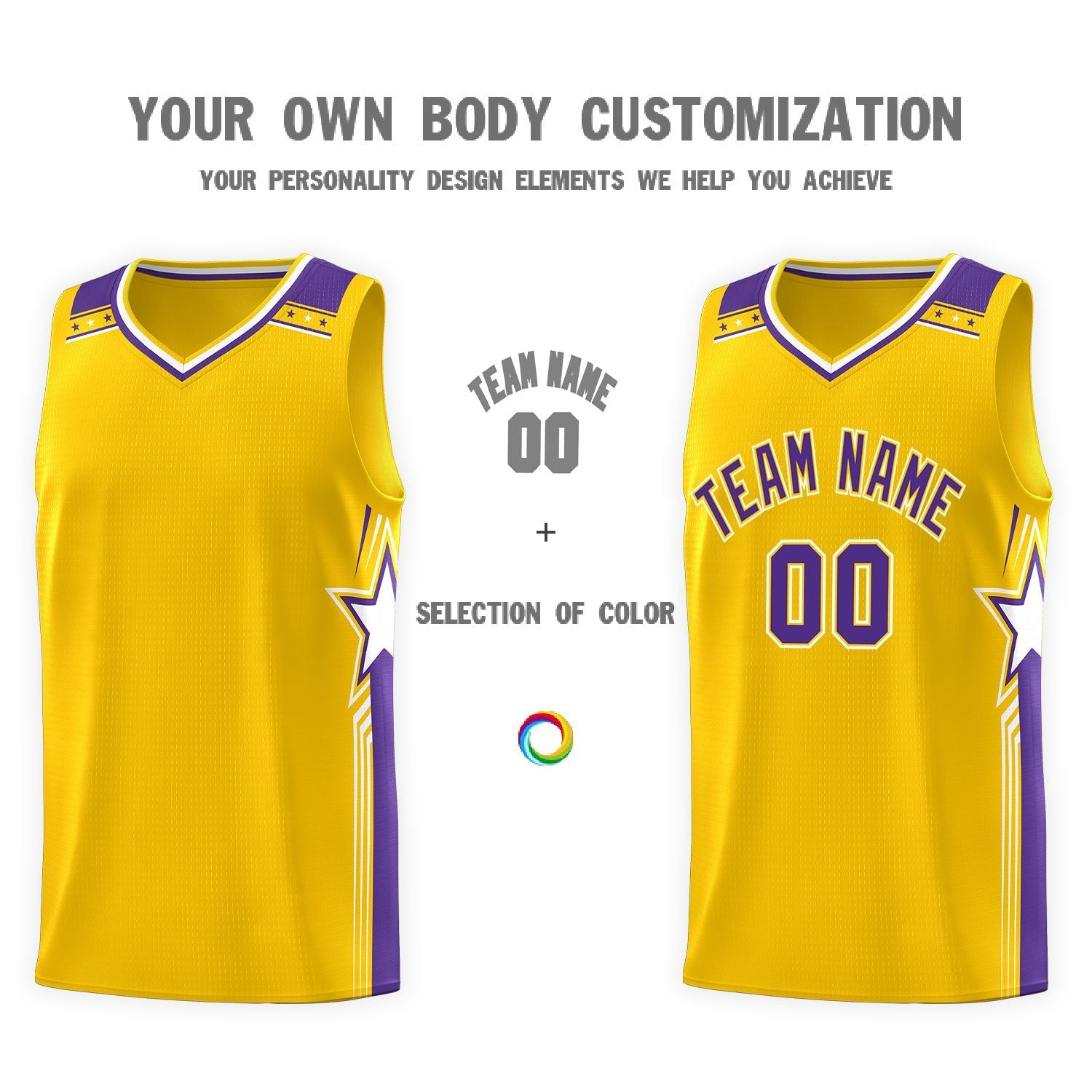 Custom Gold Purple Star Graffiti Pattern Sports Uniform Basketball Jersey