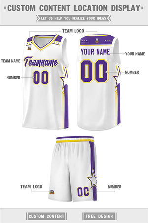 Custom White Purple Star Graffiti Pattern Sports Uniform Basketball Jersey