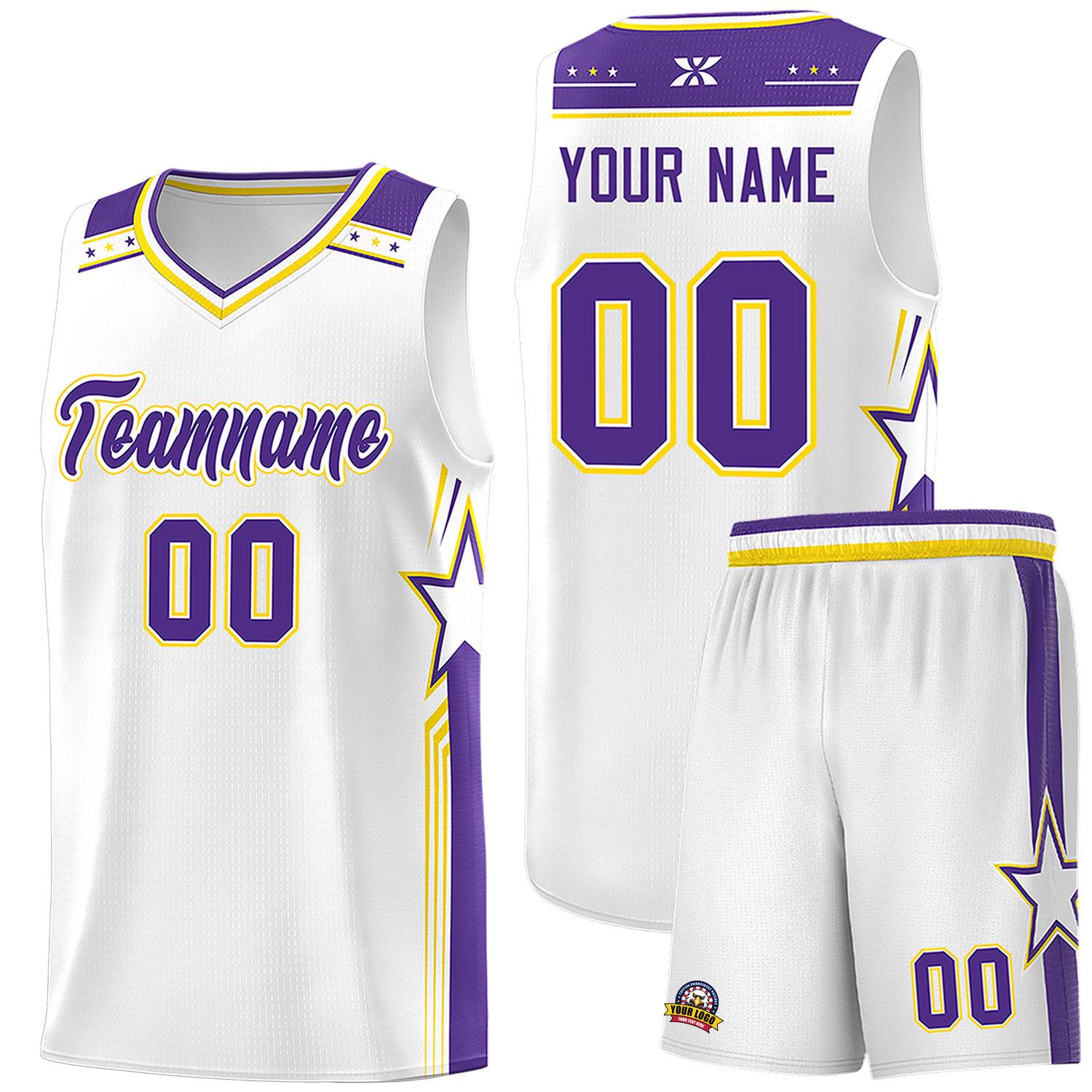 Custom White Purple Star Graffiti Pattern Sports Uniform Basketball Jersey