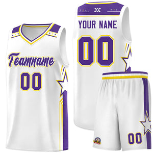 Custom White Purple Star Graffiti Pattern Sports Uniform Basketball Jersey