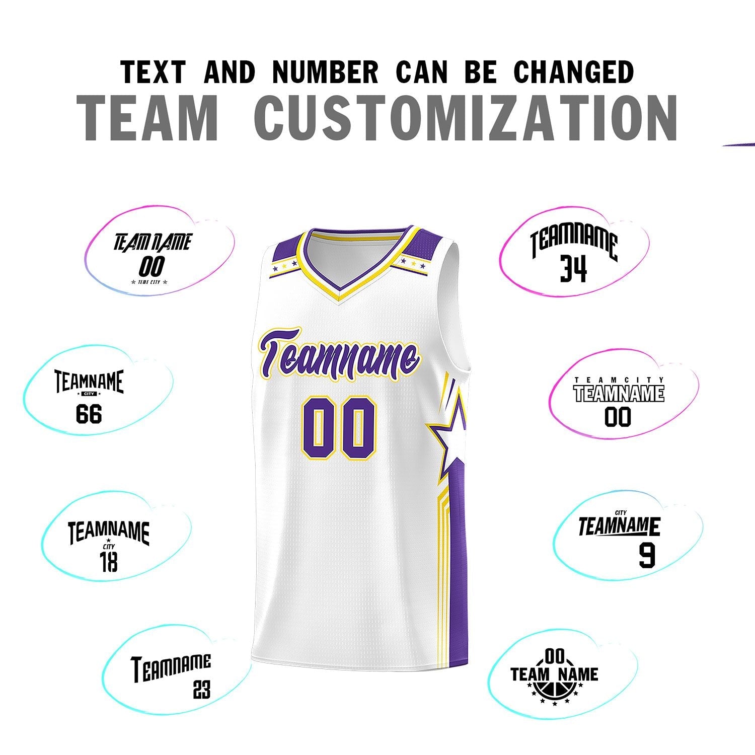 Custom White Purple Star Graffiti Pattern Sports Uniform Basketball Jersey