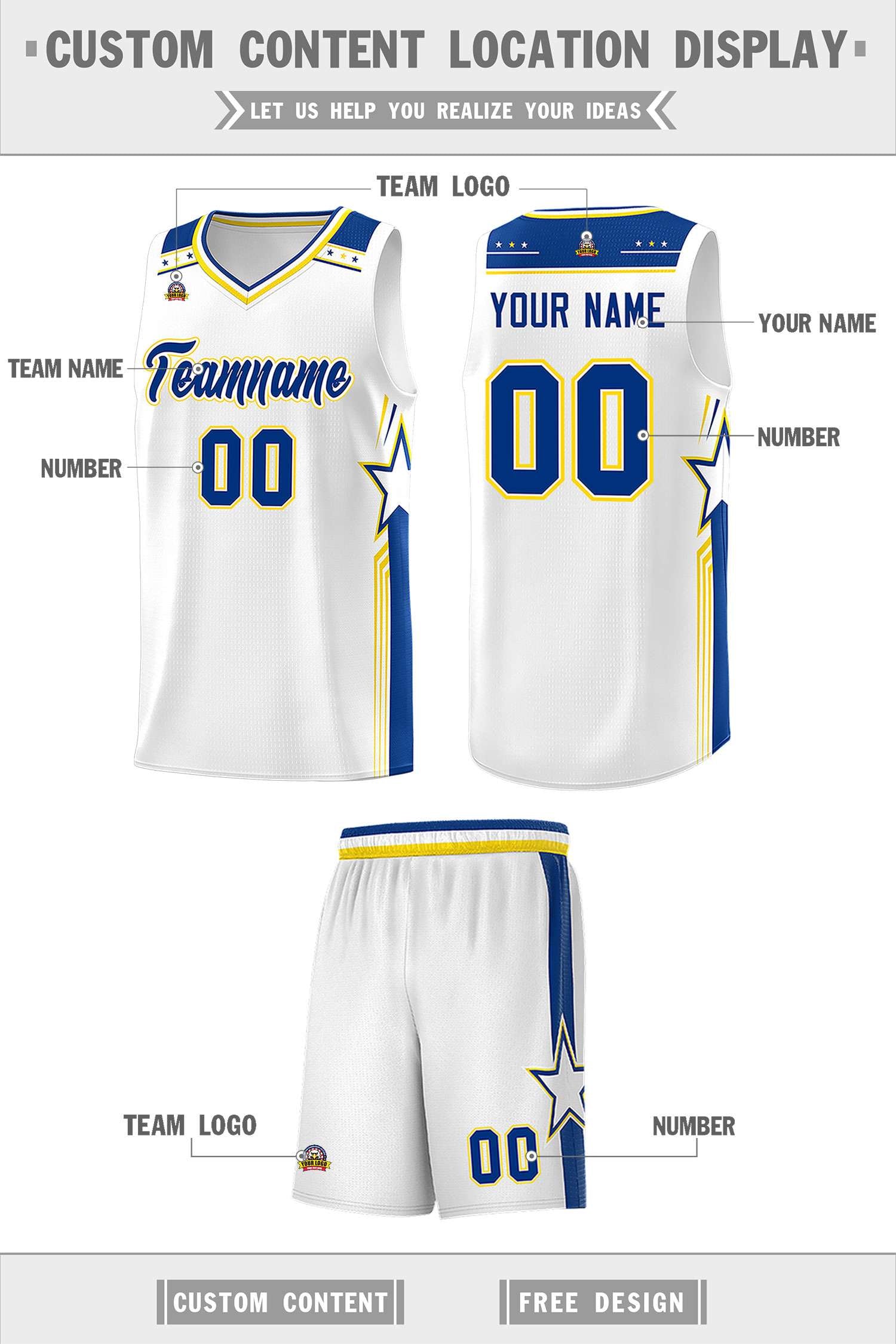 Custom White Royal Star Graffiti Pattern Sports Uniform Basketball Jersey