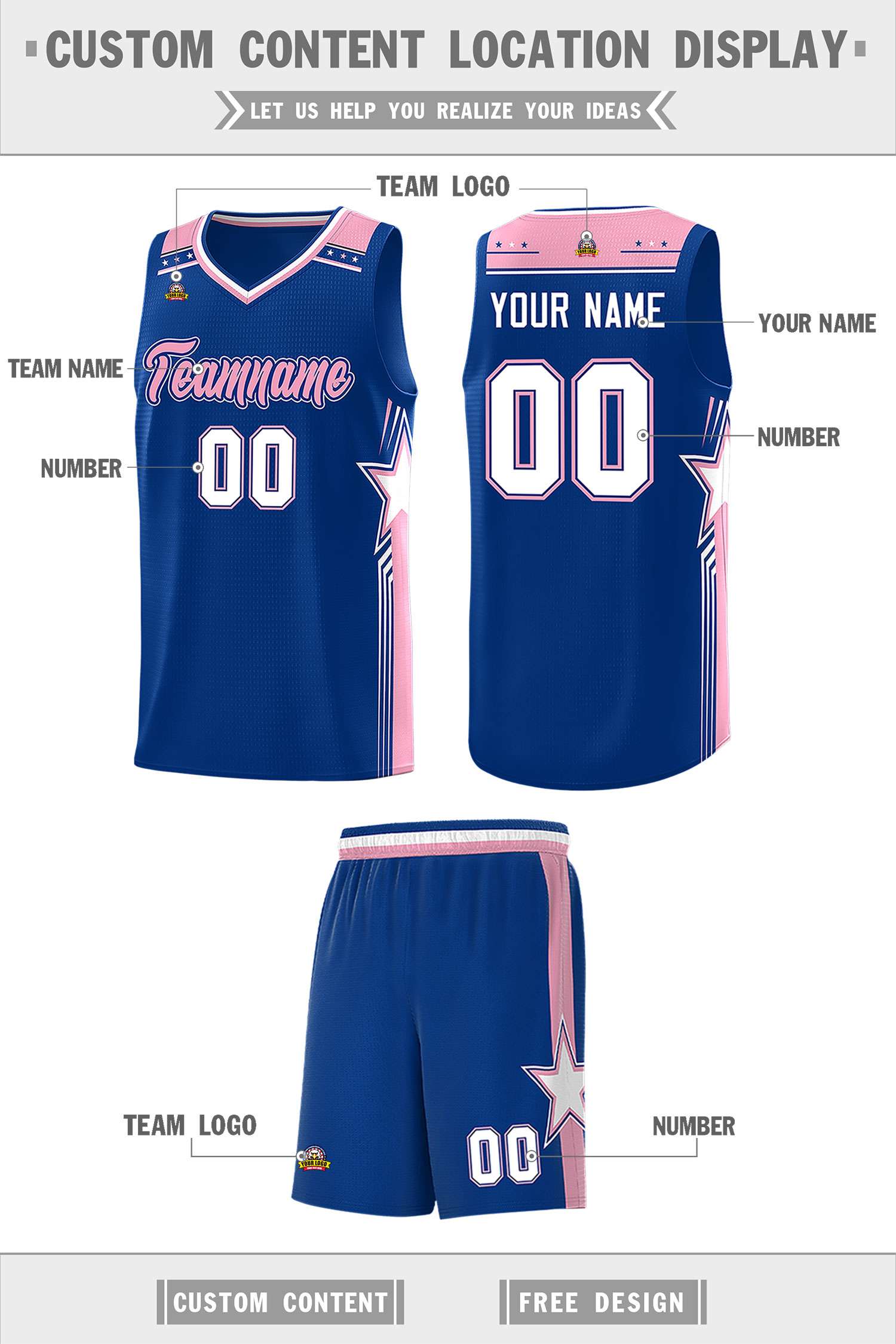 Custom Royal Light Pink Star Graffiti Pattern Sports Uniform Basketball Jersey