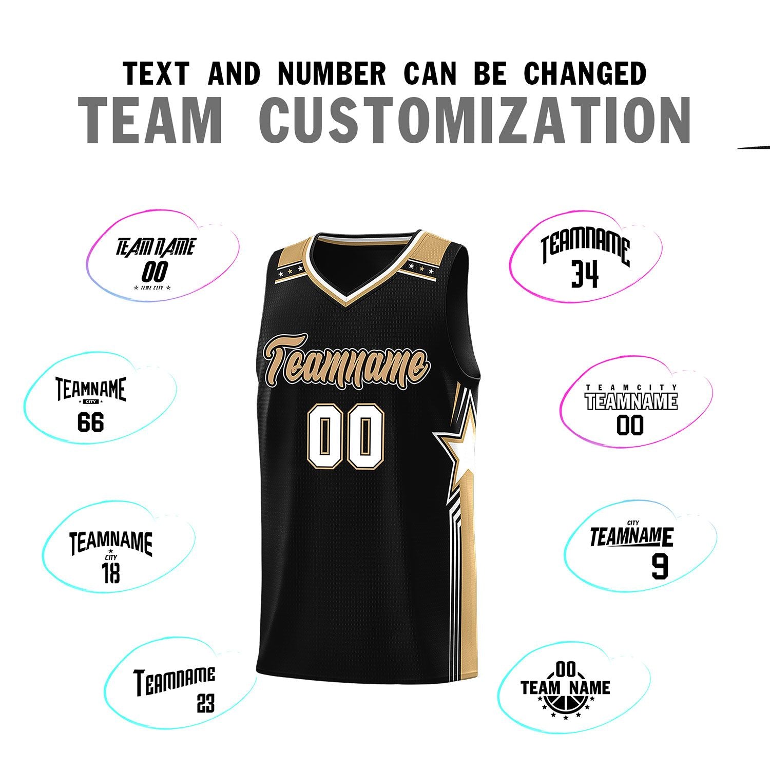 Custom Black Old Gold Star Graffiti Pattern Sports Uniform Basketball Jersey