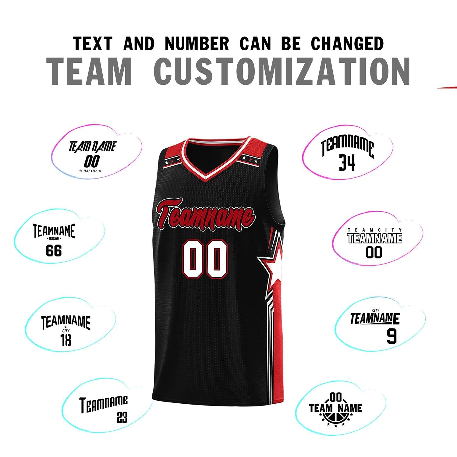 Custom Black Red Star Graffiti Pattern Sports Uniform Basketball Jersey