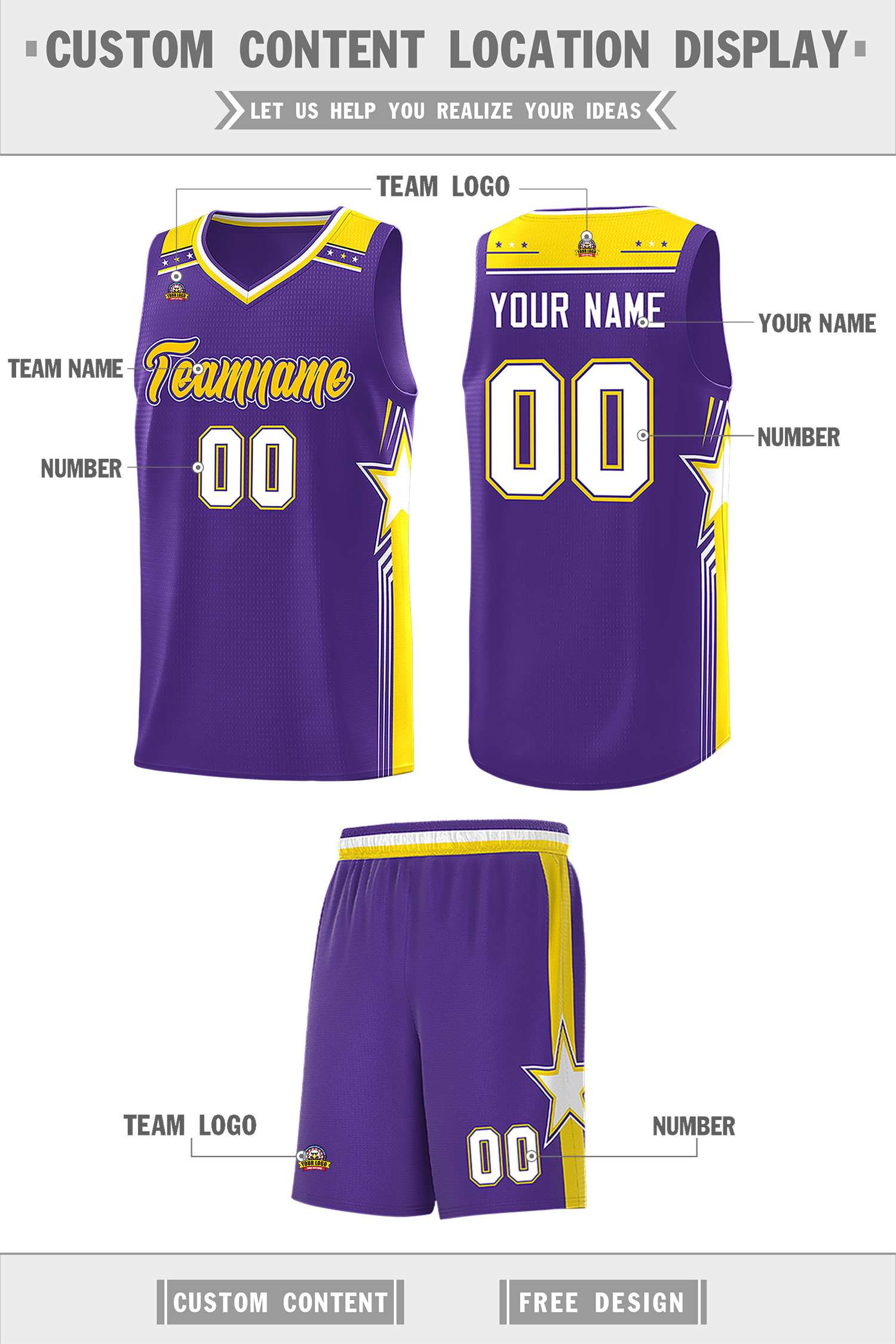 Custom Purple Gold Star Graffiti Pattern Sports Uniform Basketball Jersey