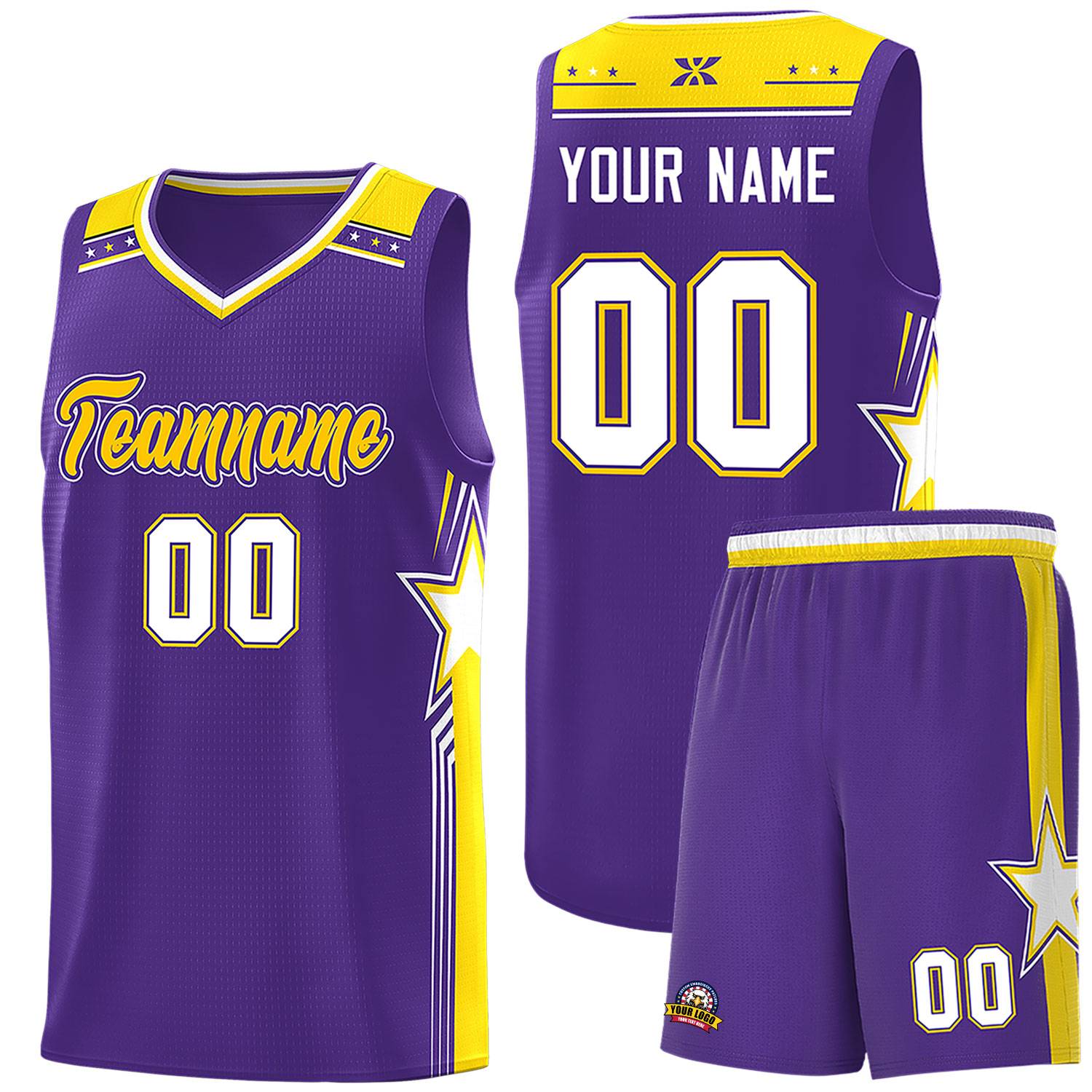 Custom Purple Gold Star Graffiti Pattern Sports Uniform Basketball Jersey