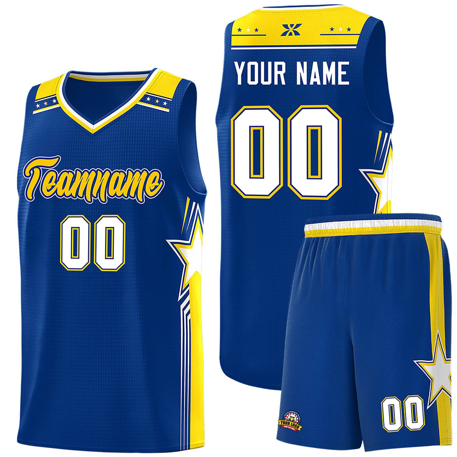 Custom Royal Gold Star Graffiti Pattern Sports Uniform Basketball Jersey