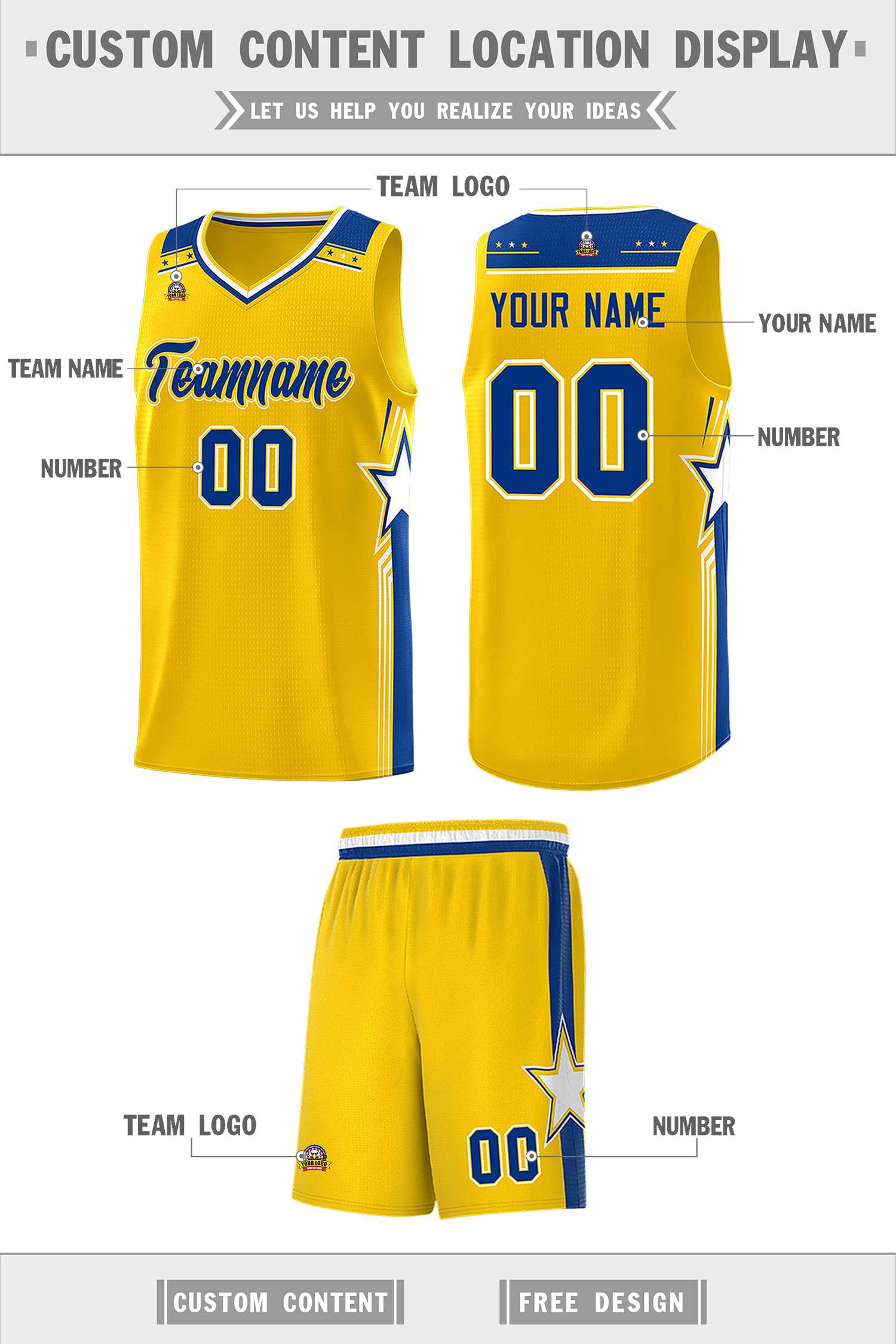 Custom Gold Royal Star Graffiti Pattern Sports Uniform Basketball Jersey