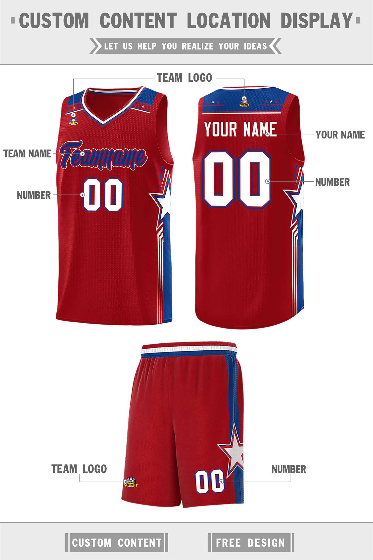 Custom Red Royal Star Graffiti Pattern Sports Uniform Basketball Jersey