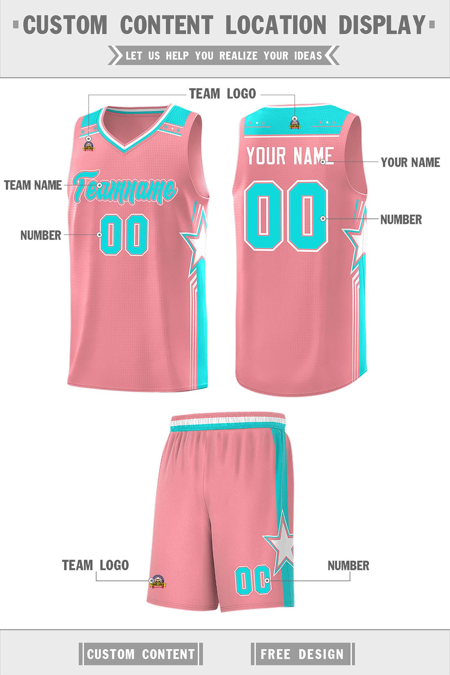 Custom Light Pink Aqua Star Graffiti Pattern Sports Uniform Basketball Jersey