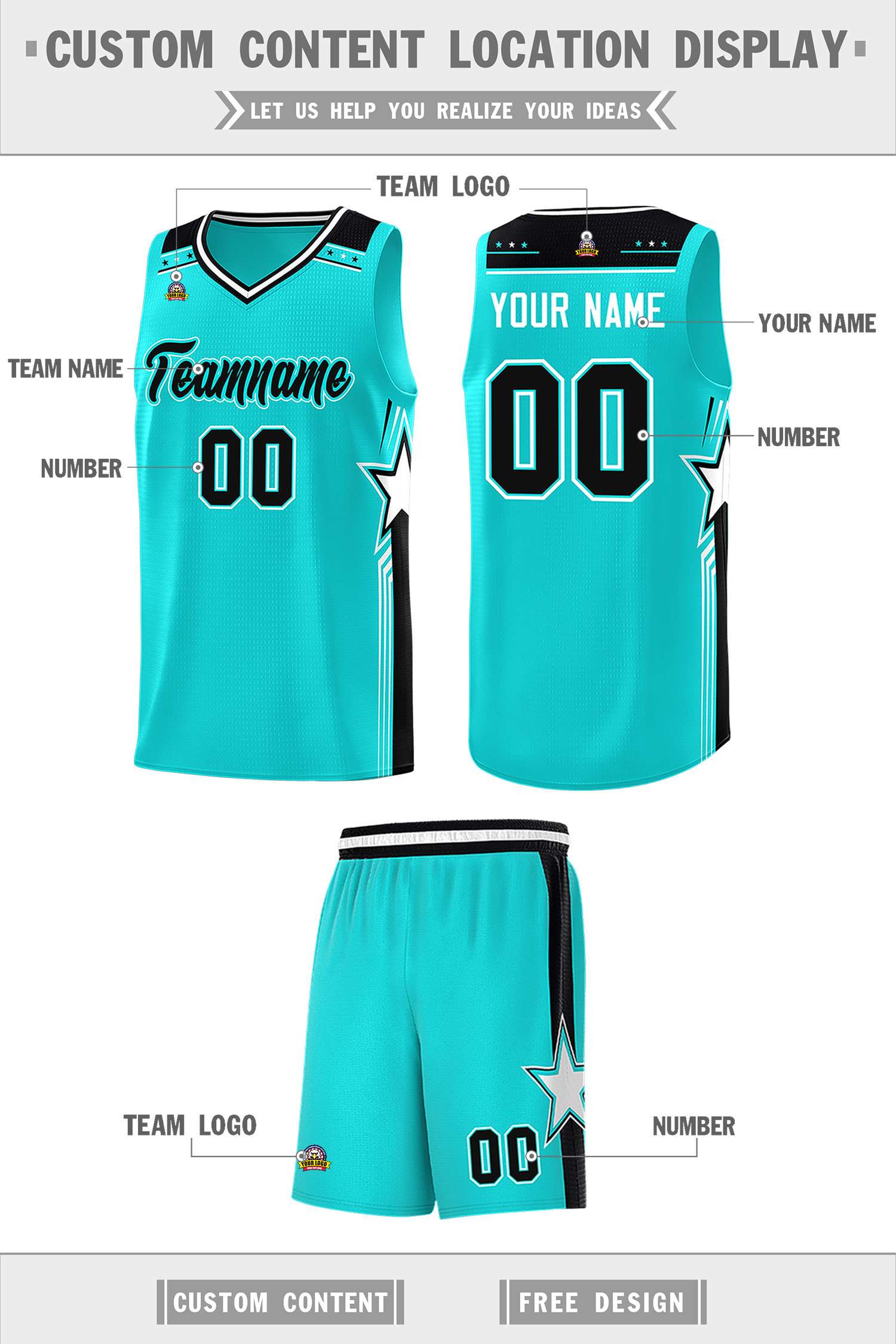 Custom Aqua Black Star Graffiti Pattern Sports Uniform Basketball Jersey