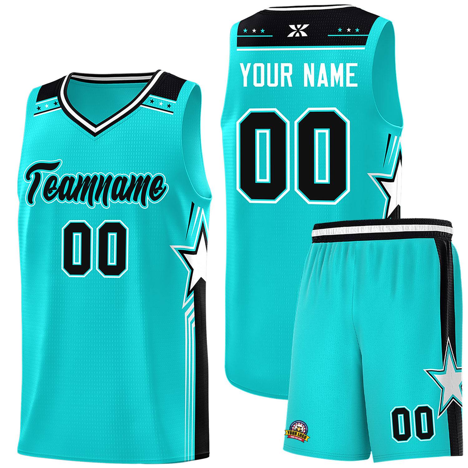 Custom Aqua Black Star Graffiti Pattern Sports Uniform Basketball Jersey