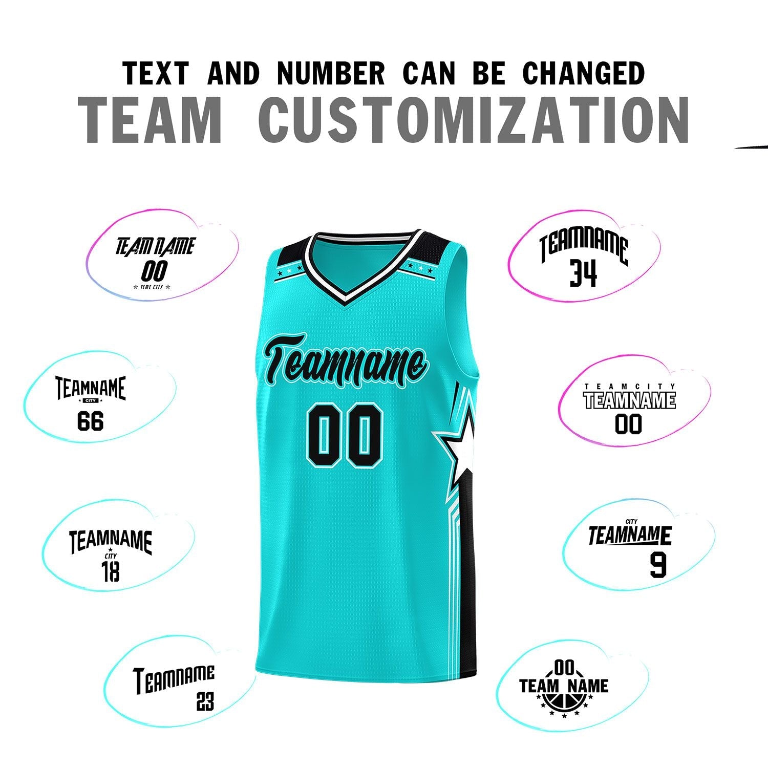 Custom Aqua Black Star Graffiti Pattern Sports Uniform Basketball Jersey