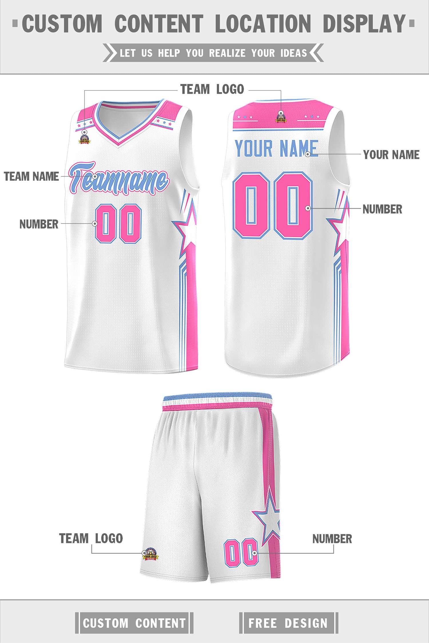 Custom White Light Blue Star Graffiti Pattern Sports Uniform Basketball Jersey