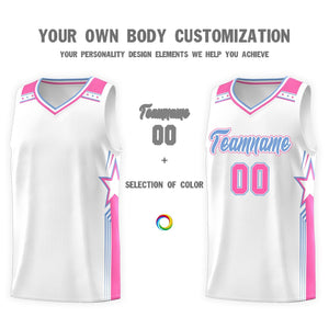 Custom White Light Blue Star Graffiti Pattern Sports Uniform Basketball Jersey