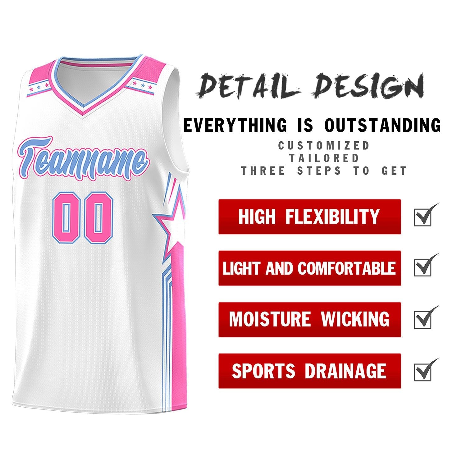 Custom White Light Blue Star Graffiti Pattern Sports Uniform Basketball Jersey