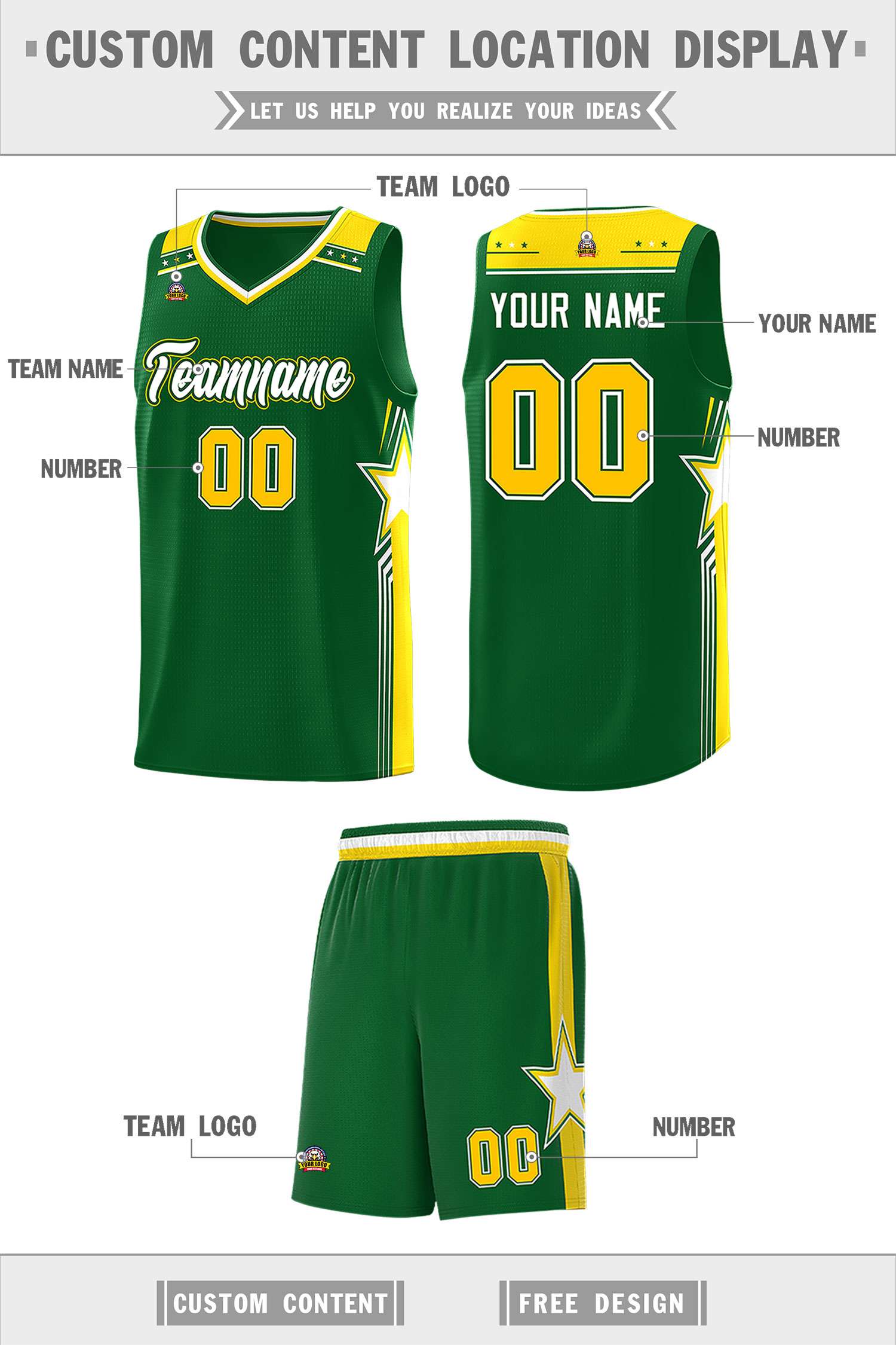 Custom Kelly Green White Star Graffiti Pattern Sports Uniform Basketball Jersey