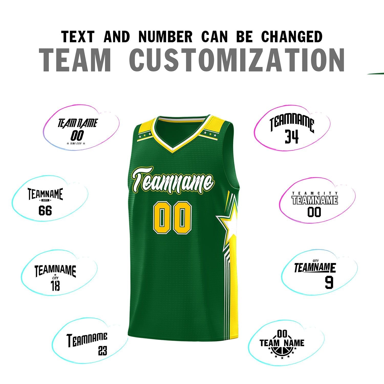 Custom Kelly Green White Star Graffiti Pattern Sports Uniform Basketball Jersey