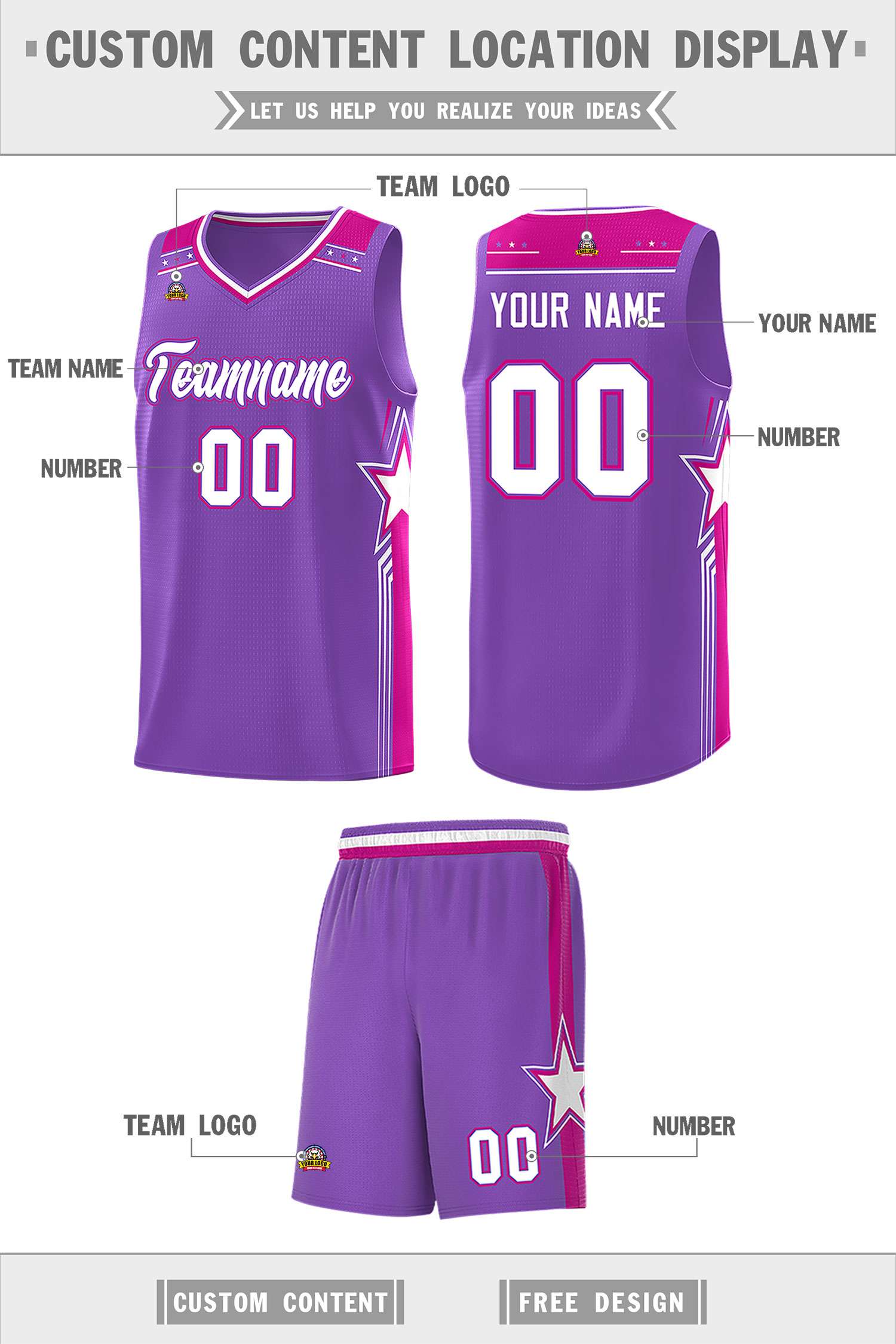 Custom Purple White Star Graffiti Pattern Sports Uniform Basketball Jersey