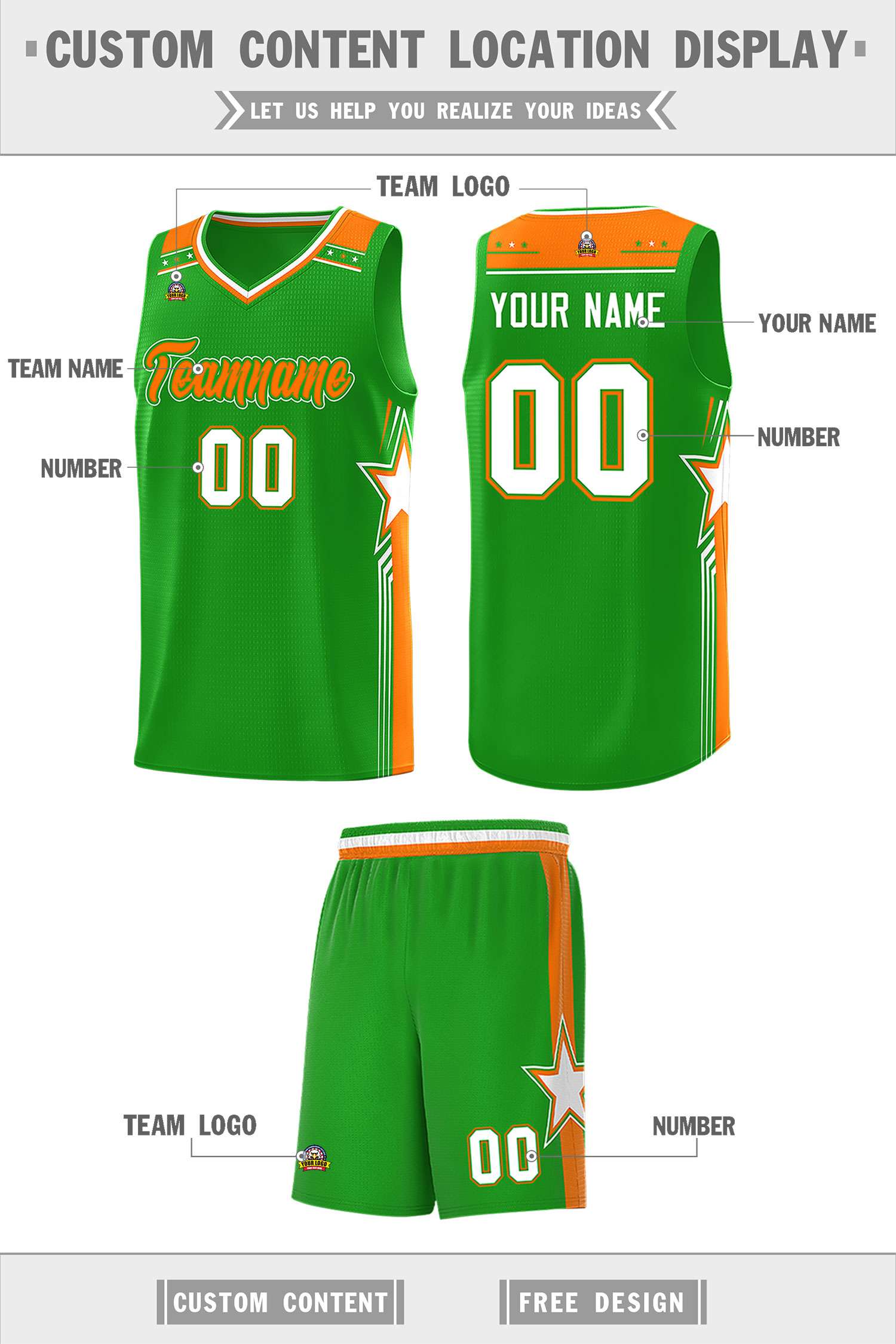 Custom Green Orange Star Graffiti Pattern Sports Uniform Basketball Jersey