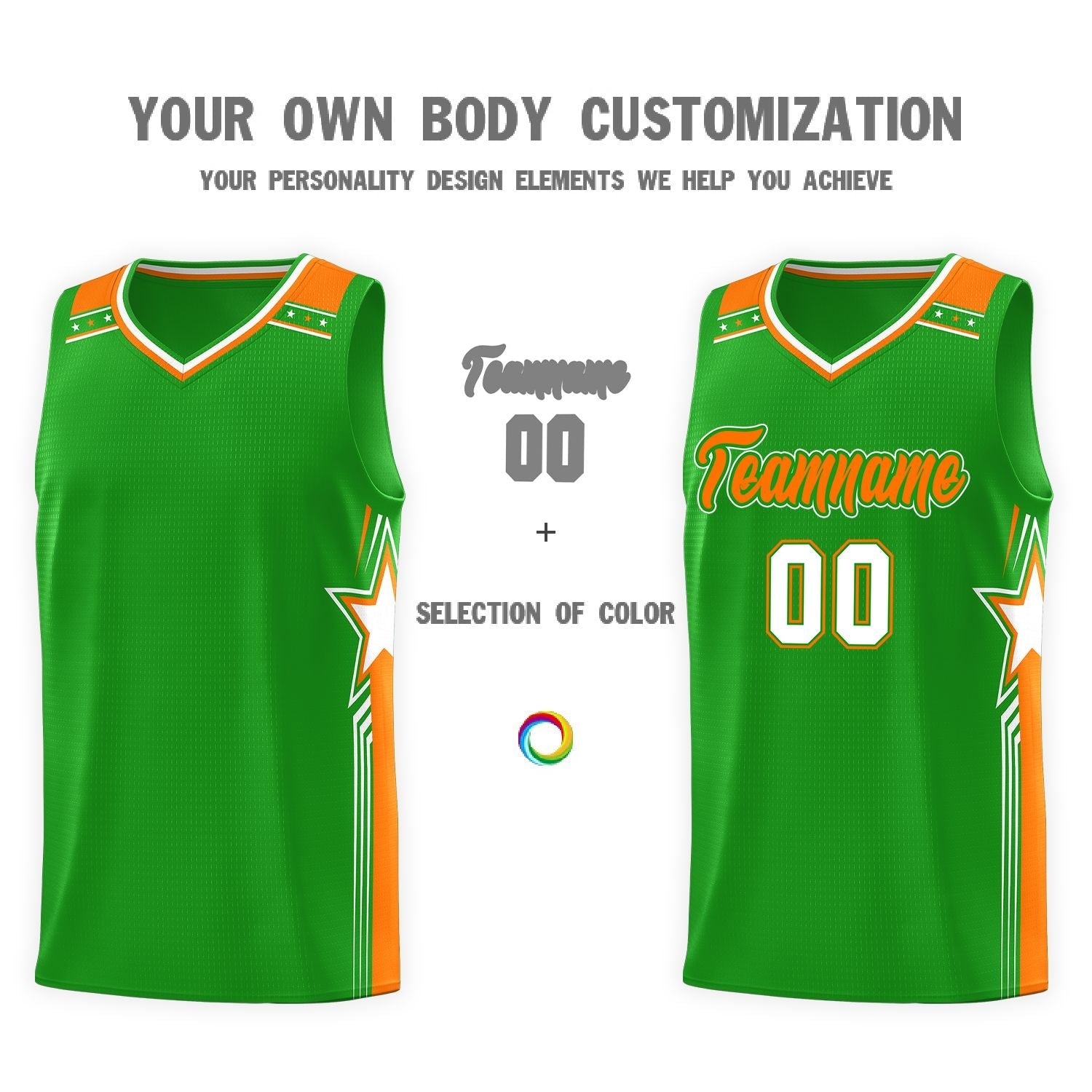 Custom Green Orange Star Graffiti Pattern Sports Uniform Basketball Jersey