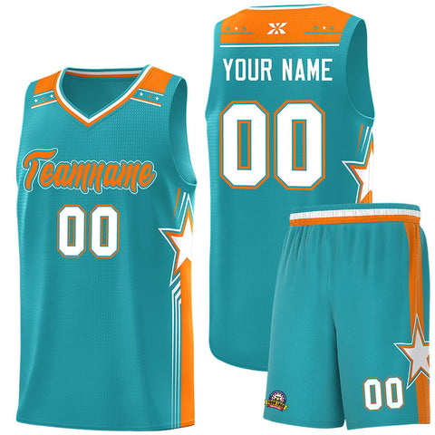 Custom Aqua Orange Star Graffiti Pattern Sports Uniform Basketball Jersey
