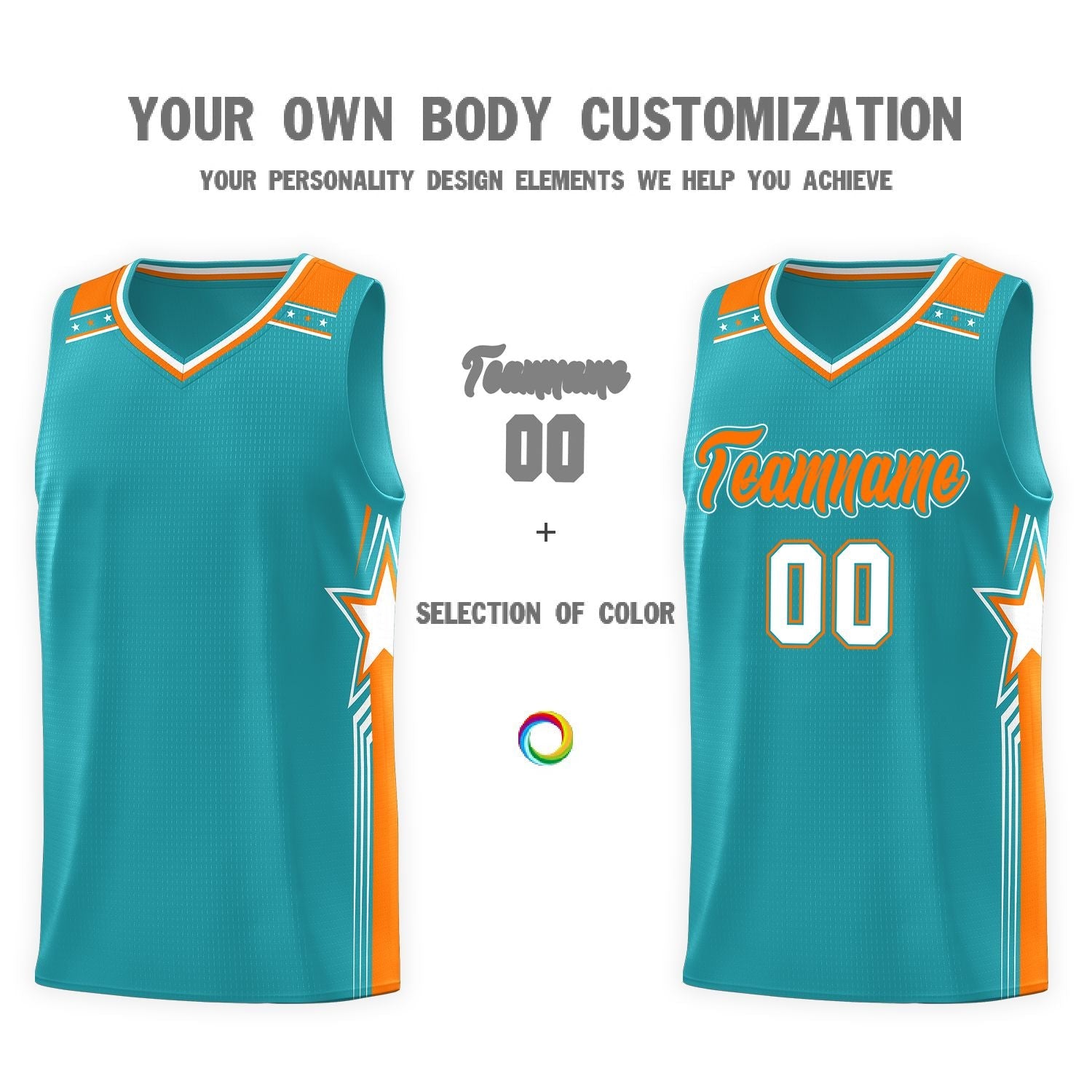 Custom Aqua Orange Star Graffiti Pattern Sports Uniform Basketball Jersey