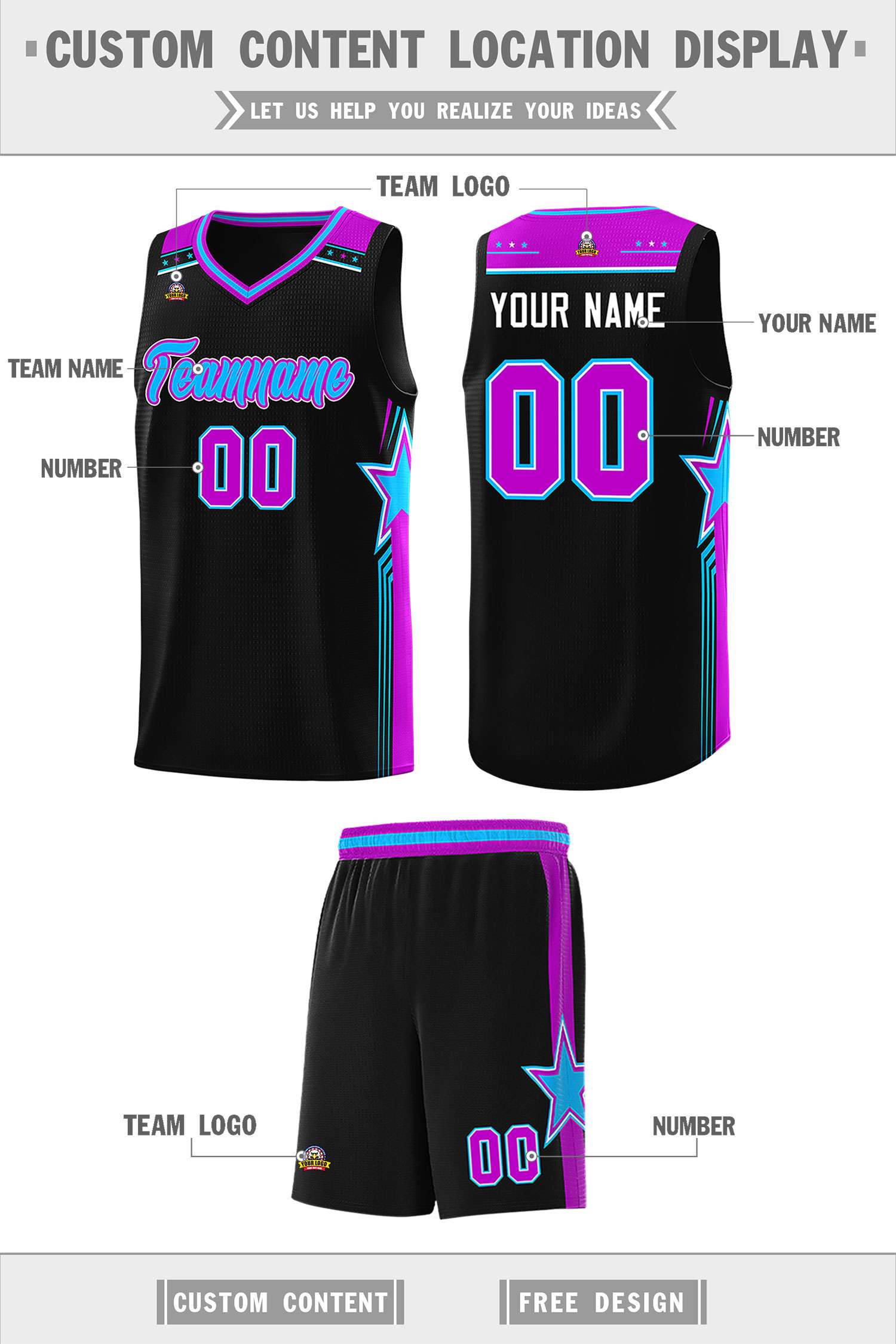 Custom Black Powder Blue Star Graffiti Pattern Sports Uniform Basketball Jersey