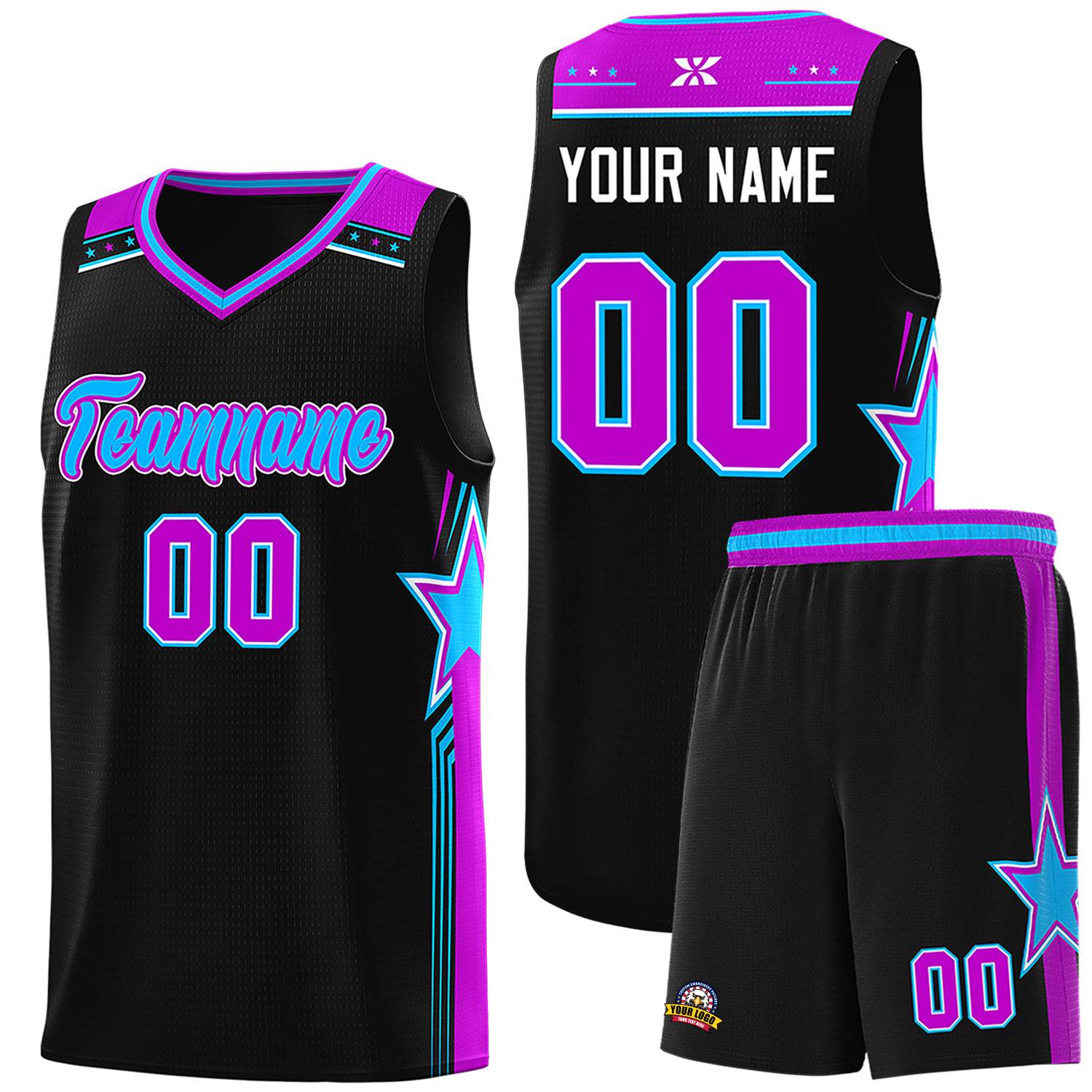 Custom Black Powder Blue Star Graffiti Pattern Sports Uniform Basketball Jersey