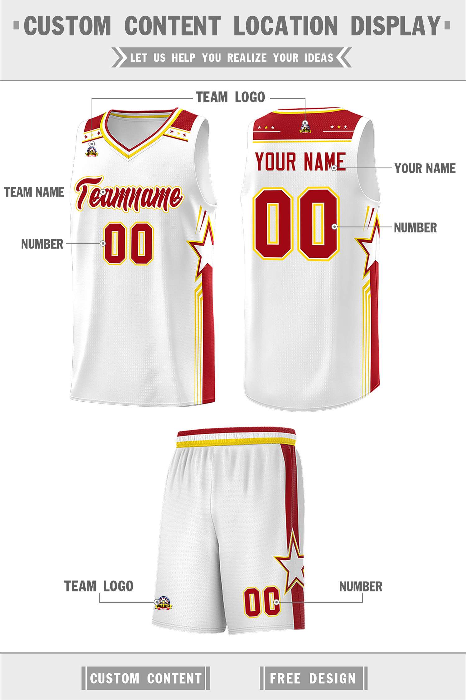 Custom White Red Star Graffiti Pattern Sports Uniform Basketball Jersey